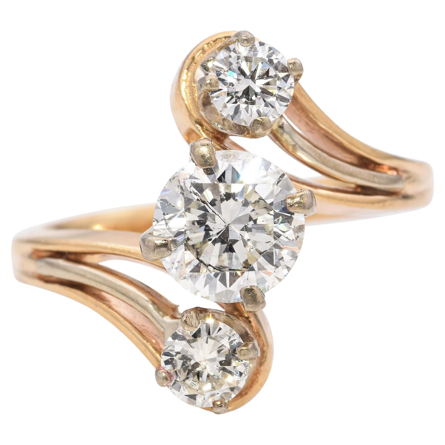 Vintage 14k Yellow Gold 1ct Center Diamond Bypass Ring