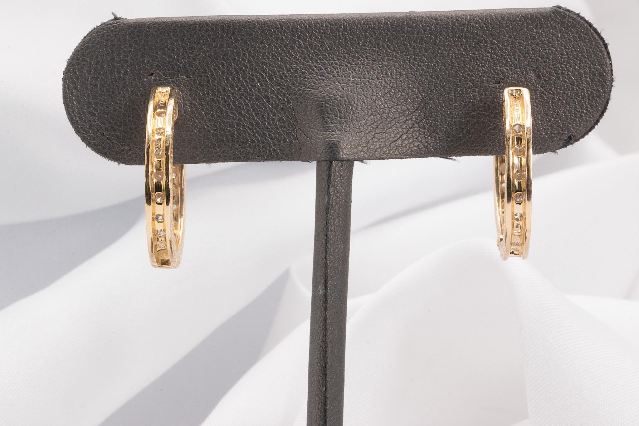 Round Cut Vintage 14k Yellow Gold 2 Carat Total Diamond Hoop Earrings For Sale