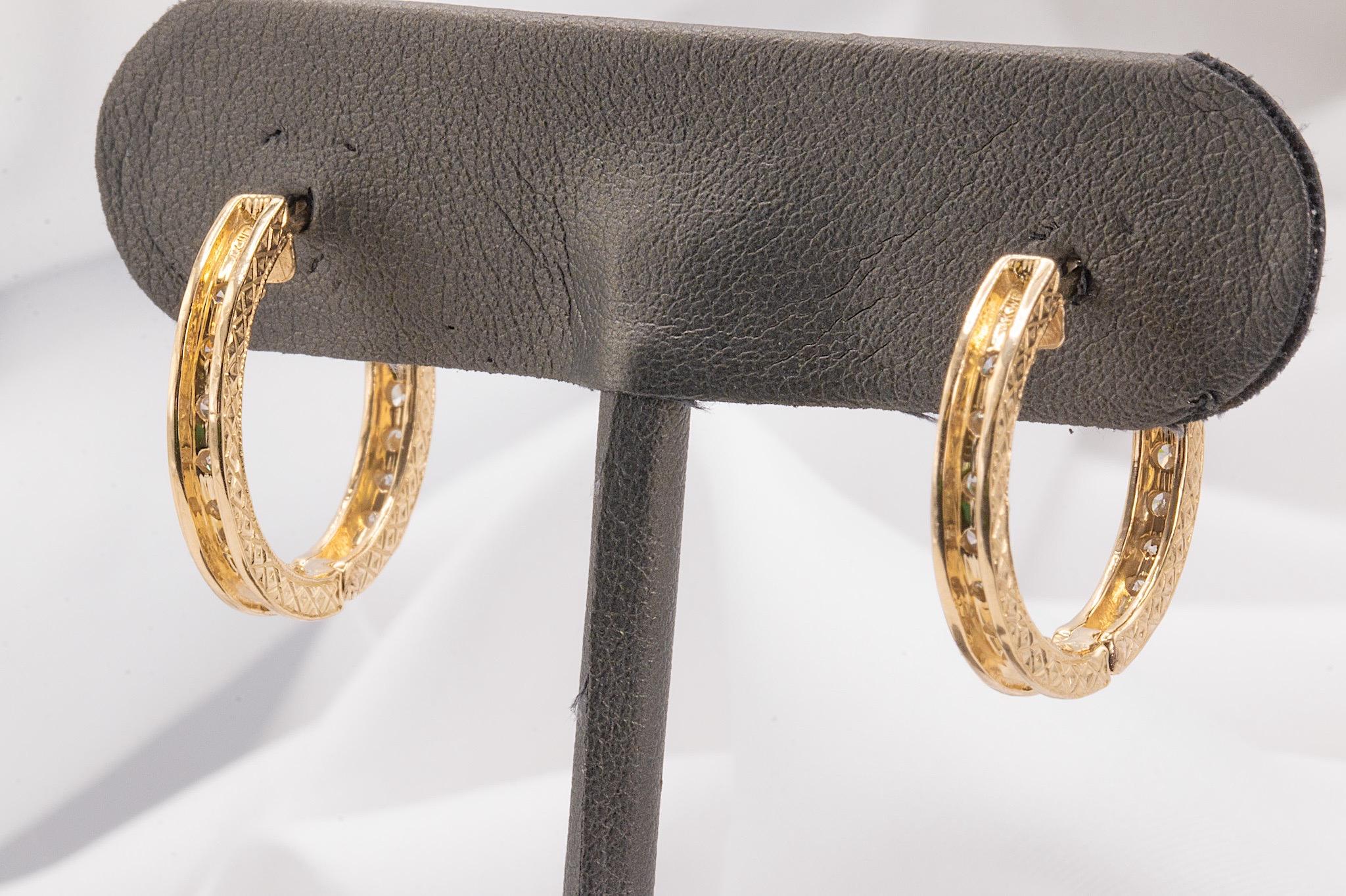 Vintage 14k Yellow Gold 2 Carat Total Diamond Hoop Earrings In Good Condition For Sale In Houston, TX