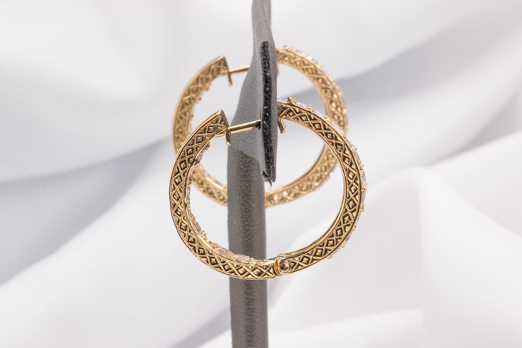 Women's Vintage 14k Yellow Gold 2 Carat Total Diamond Hoop Earrings For Sale