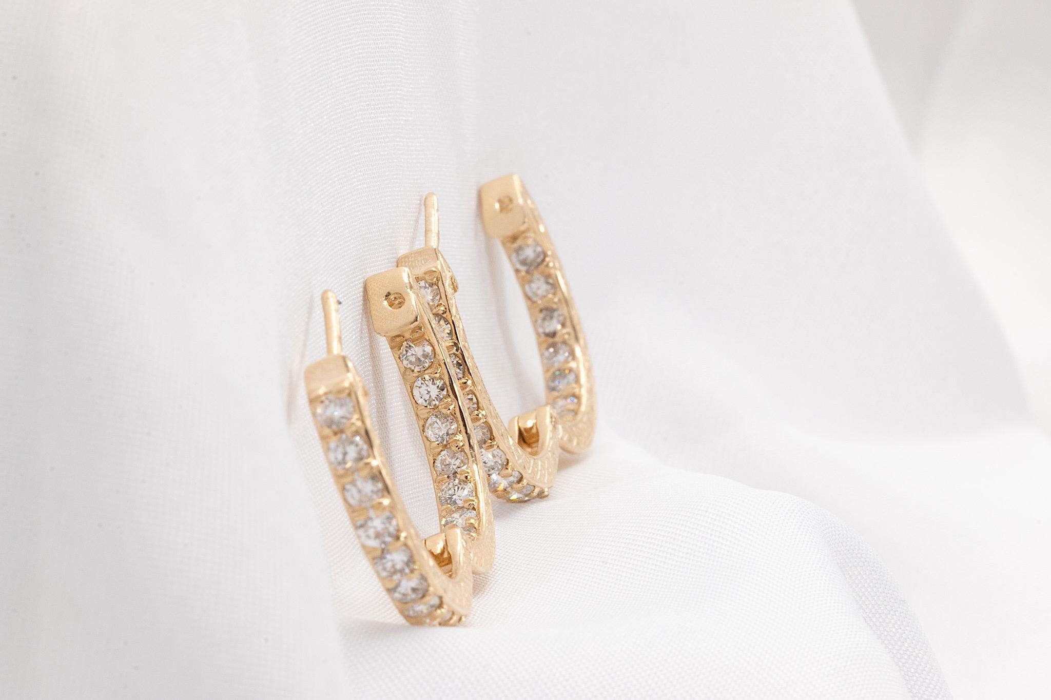 Vintage 14k Yellow Gold 2 Carat Total Diamond Hoop Earrings For Sale 2