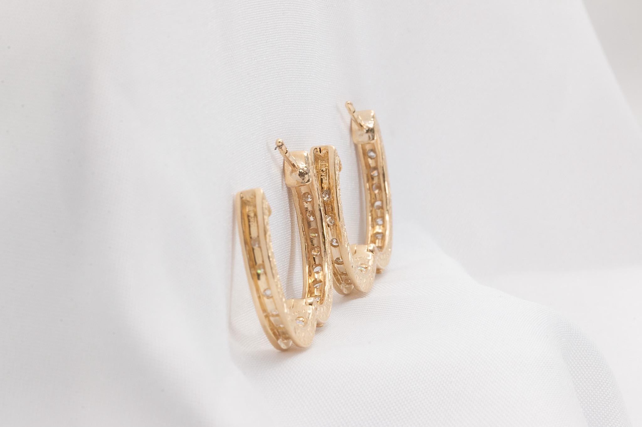 Vintage 14k Yellow Gold 2 Carat Total Diamond Hoop Earrings For Sale 3