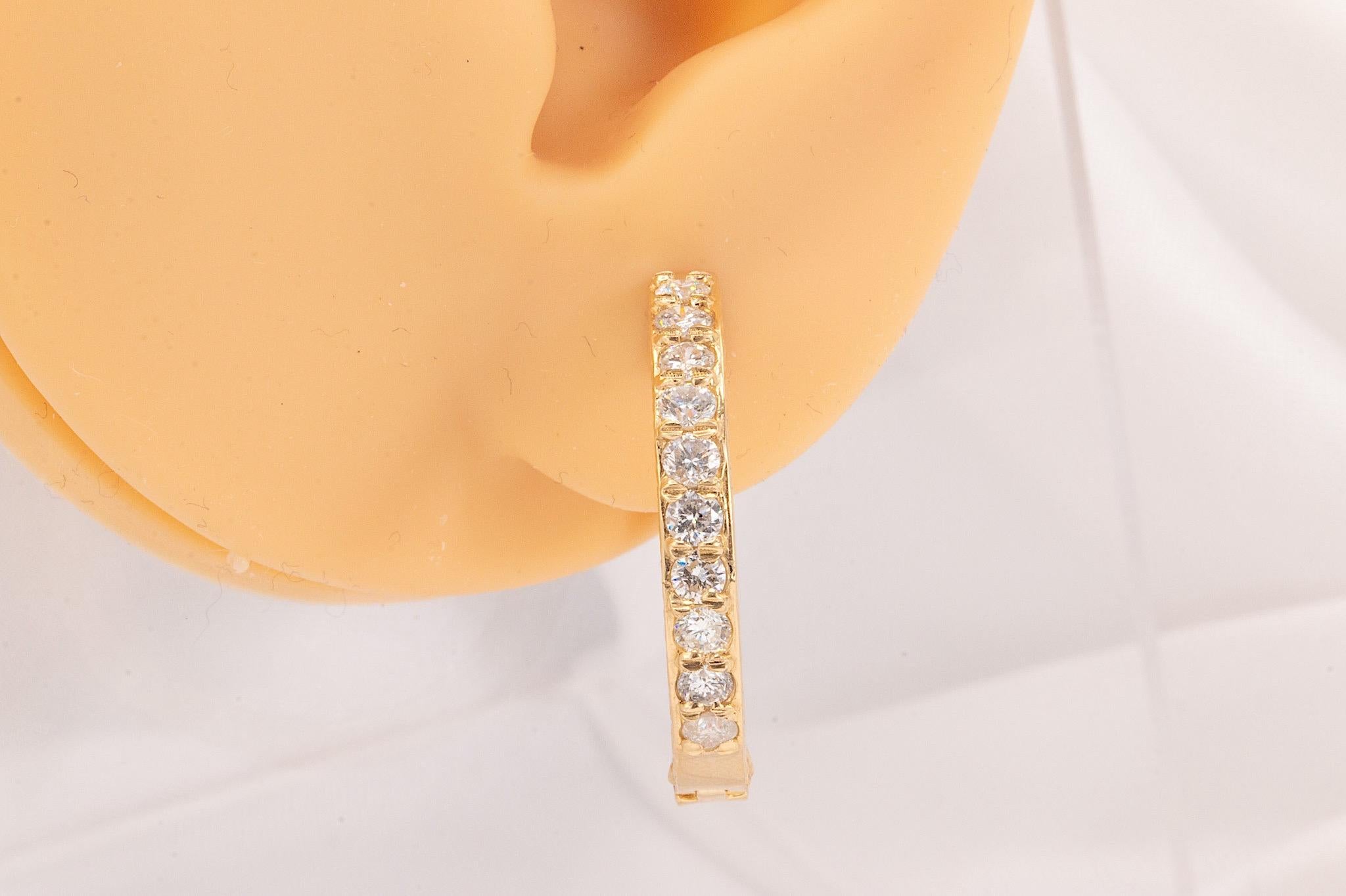 Vintage 14k Yellow Gold 2 Carat Total Diamond Hoop Earrings For Sale 4