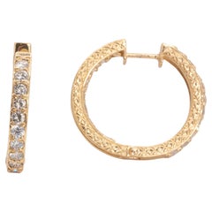 Vintage 14k Yellow Gold 2 Carat Total Diamond Hoop Earrings