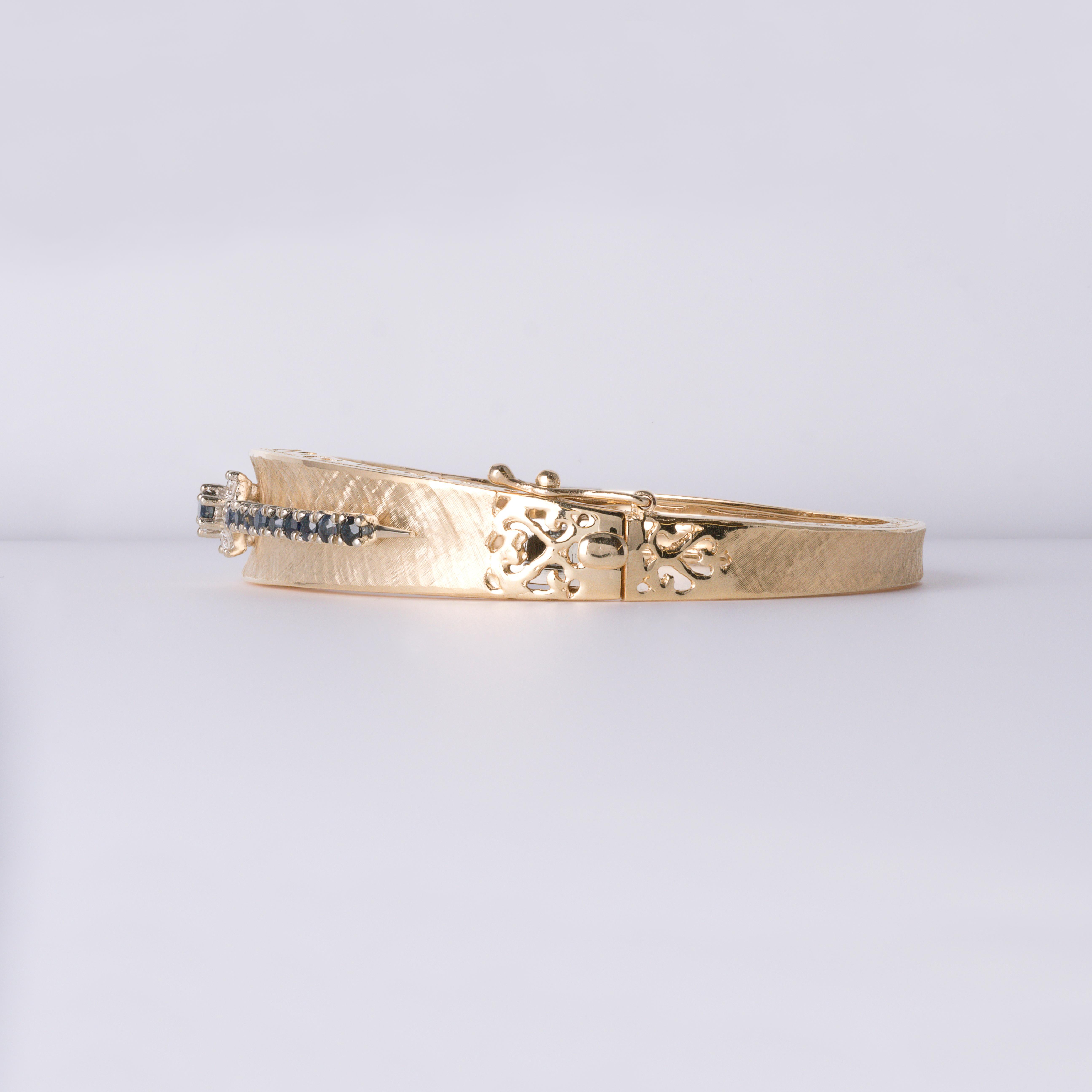 Artisan Vintage 14K Yellow Gold 2 Carats Sapphire and Diamond Bangle Brush Finish