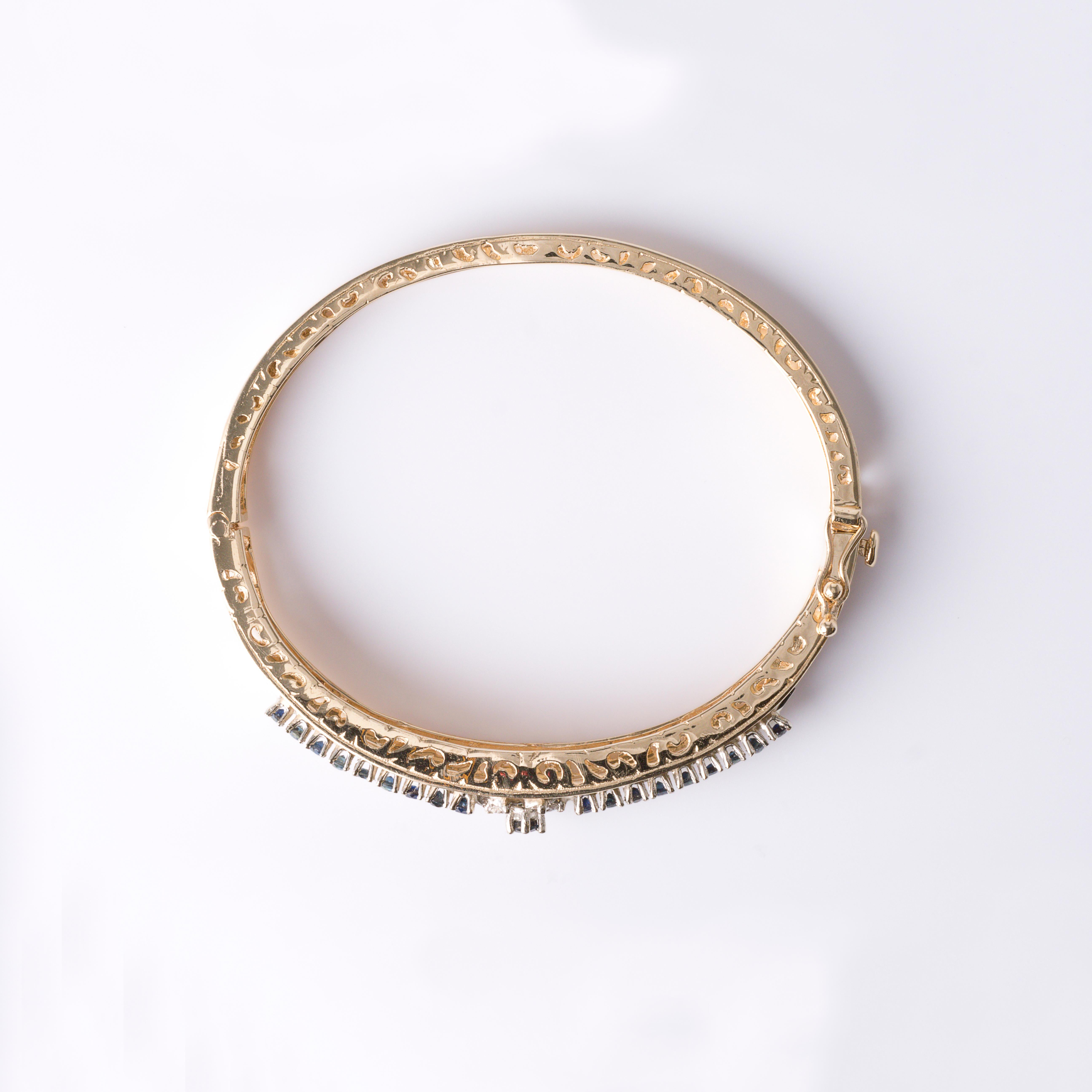 Vintage 14K Yellow Gold 2 Carats Sapphire and Diamond Bangle Brush Finish 1