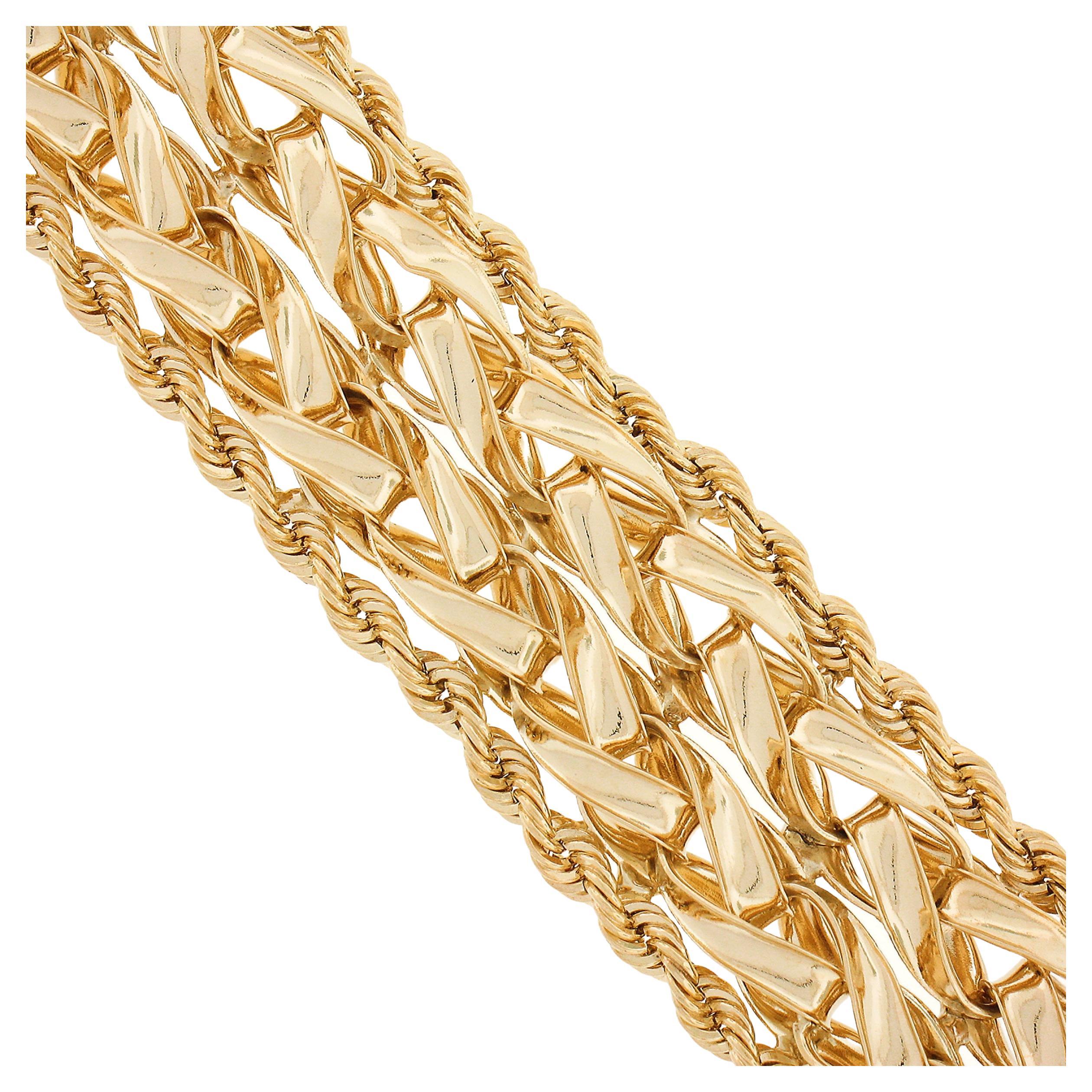 Vintage 14k Yellow Gold 20mm Wide Dual Braided Rope Link Chain 6" Strap Bracelet For Sale