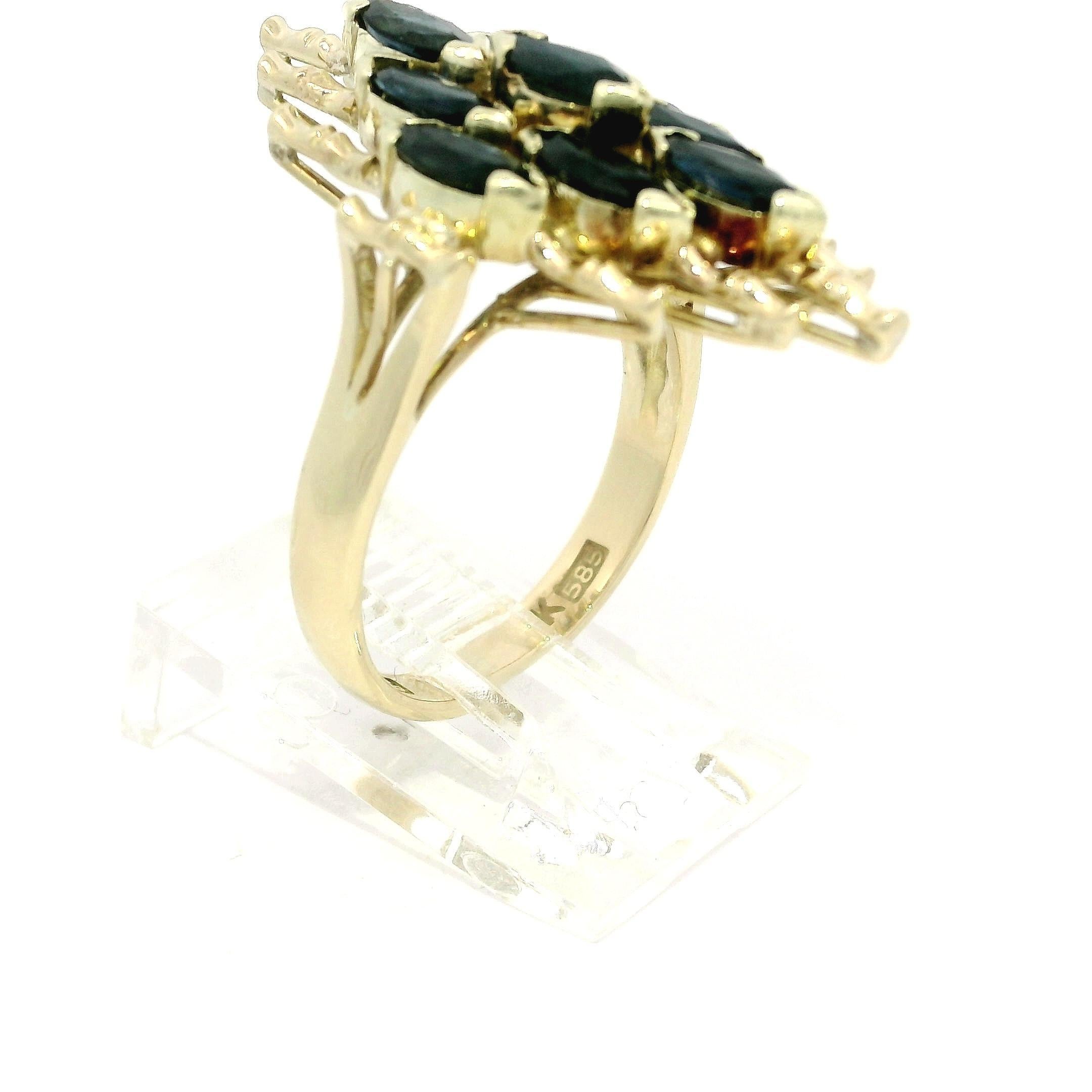 Vintage 14k Gelbgold 2,16ctw blauer Saphir Navette geformt Mosaik Ring (Marquiseschliff) im Angebot