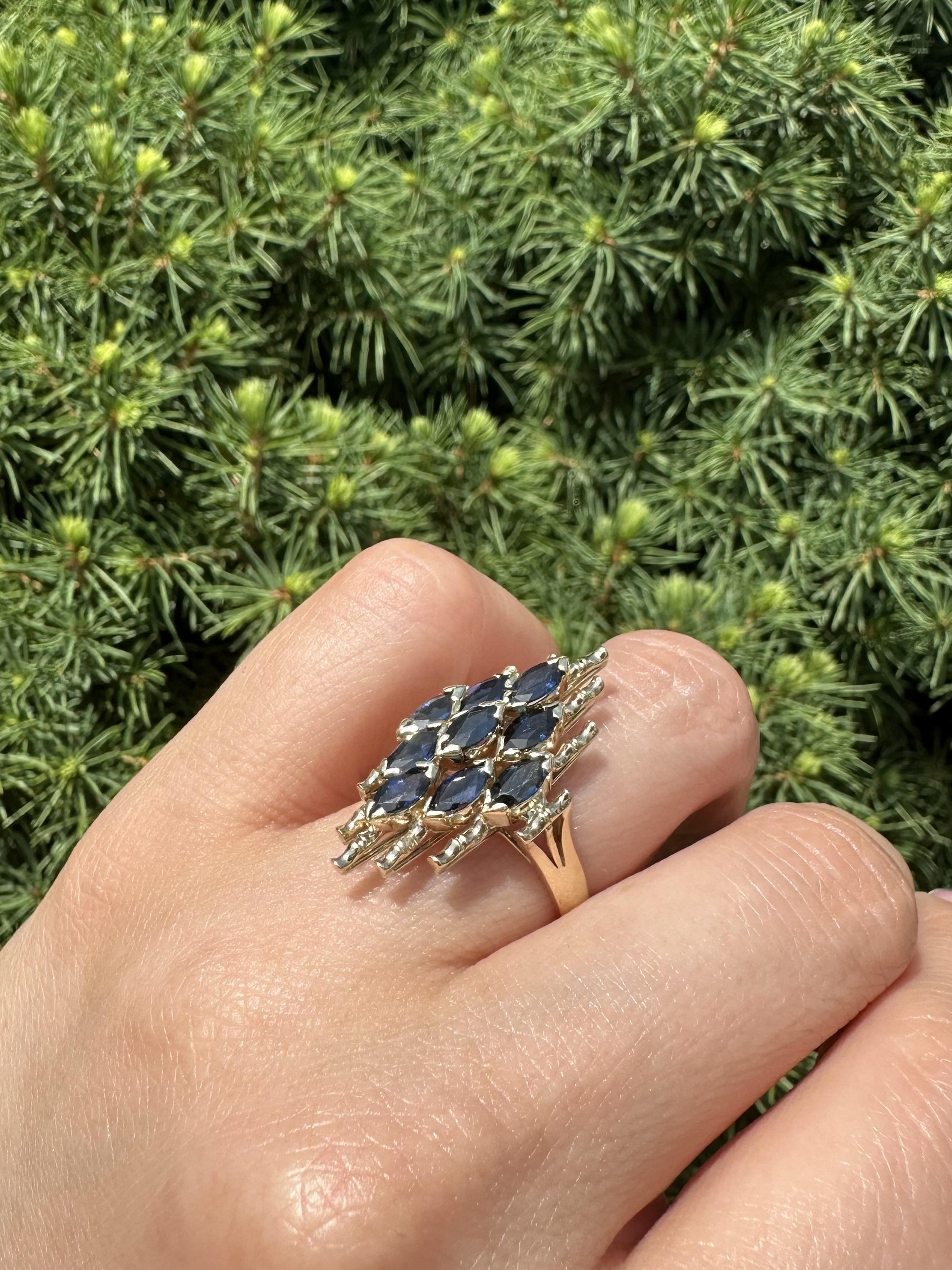 Vintage 14k Gelbgold 2,16ctw blauer Saphir Navette geformt Mosaik Ring Damen im Angebot