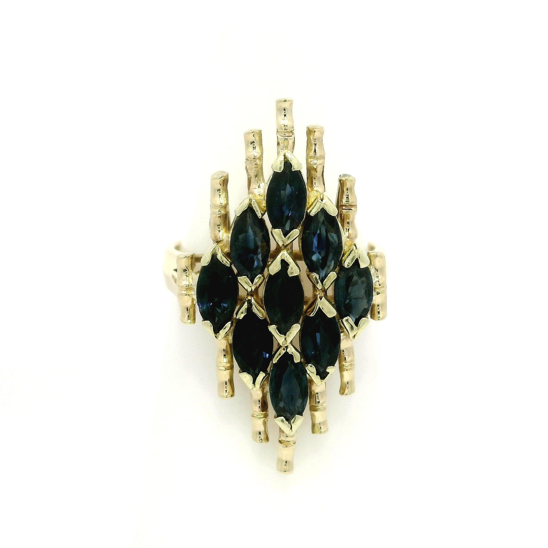 Vintage 14k Gelbgold 2,16ctw blauer Saphir Navette geformt Mosaik Ring im Angebot 2