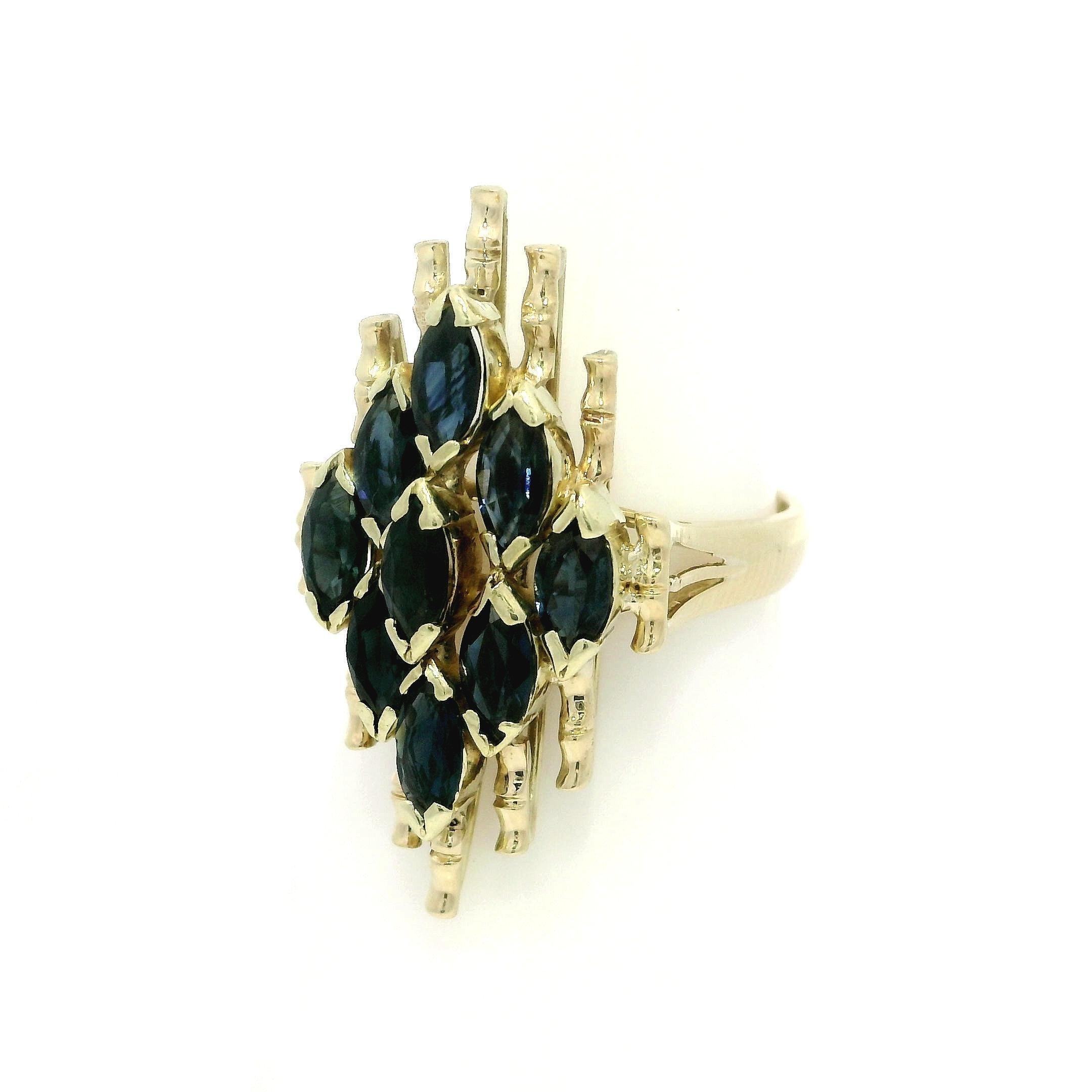 Vintage 14k Gelbgold 2,16ctw blauer Saphir Navette geformt Mosaik Ring im Angebot 4