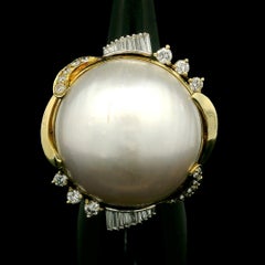 Vintage 14k Yellow Gold 21.8mm Large Mabe Pearl & Diamond Handmade Cocktail Ring