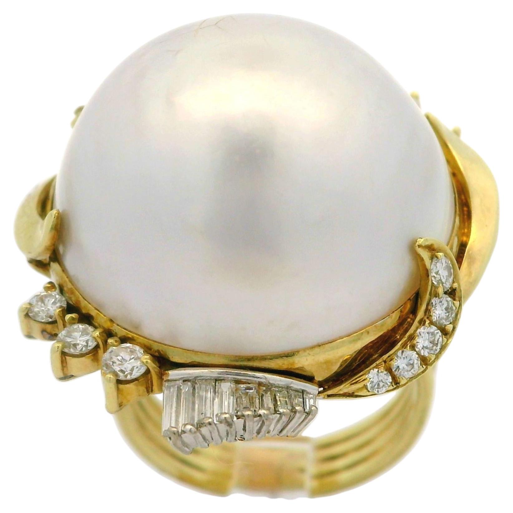 Vintage 14k Yellow Gold 21.8mm Large Mabe Pearl & Diamond Handmade Cocktail Ring