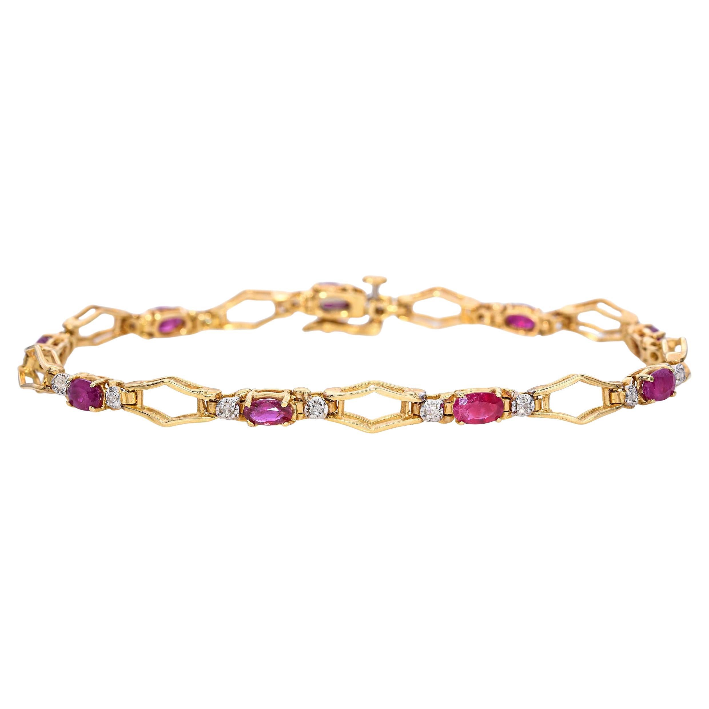 Brazalete de tenis vintage de oro amarillo de 14 quilates con rubíes de 2,25 quilates y diamantes de 0,1 quilates