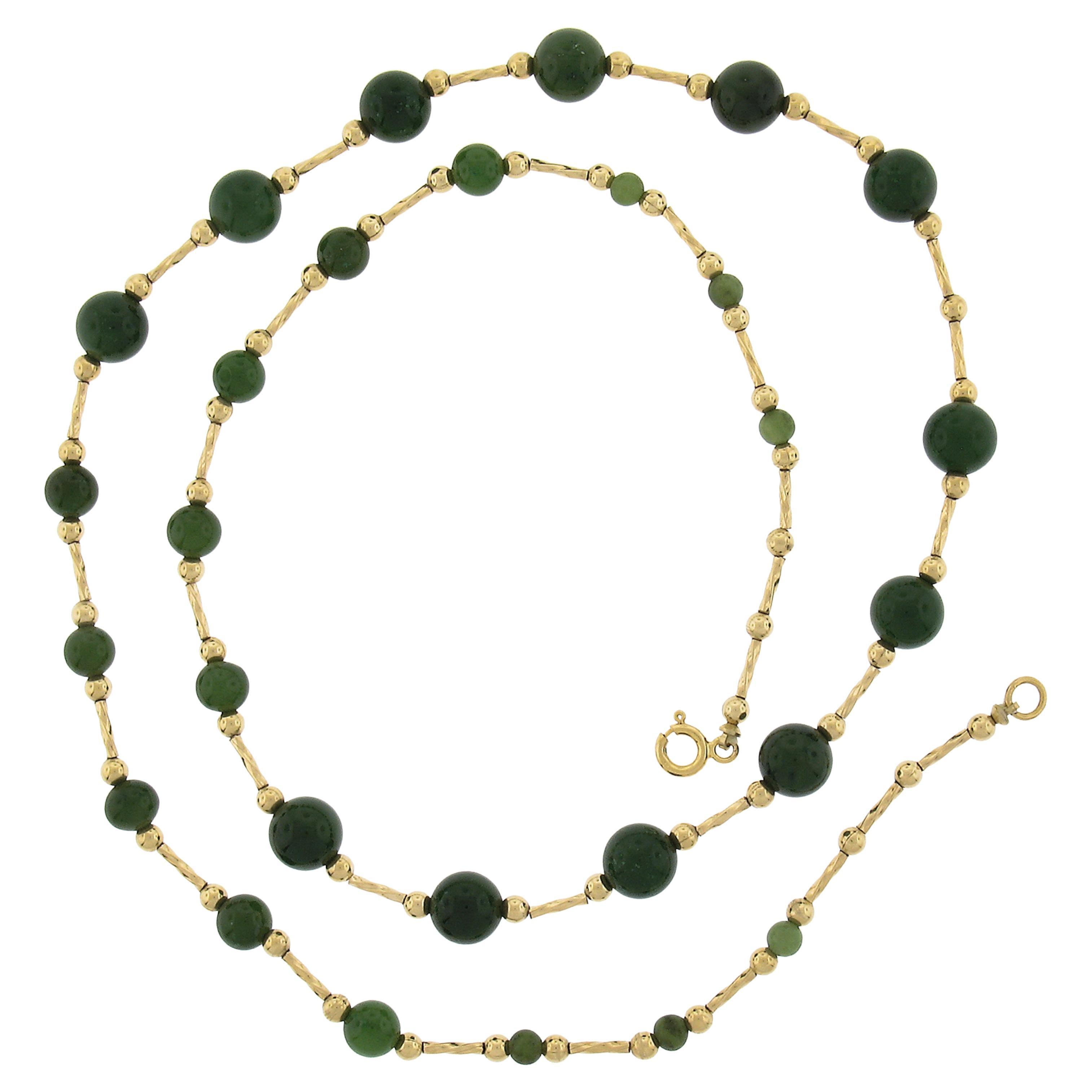 Vintage 14k Yellow Gold 23" Jade & Bead Gold w/ Bar Link Strand Necklace