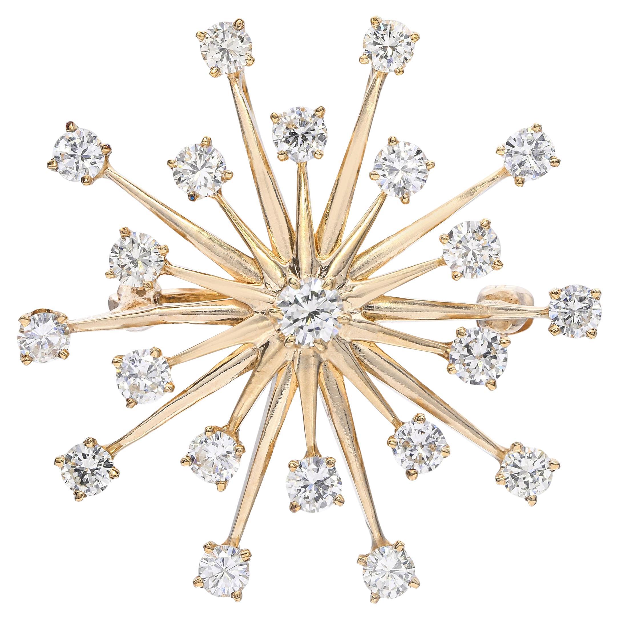 Vintage 14k Yellow Gold 2.37tcw Diamond Starburst Brooch en vente
