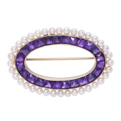 Vintage 14k Yellow Gold 2.42tcw Amethyst and Pearl Brooch