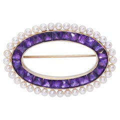 Vintage 14k Yellow Gold 2.42tcw Amethyst and Pearl Brooch