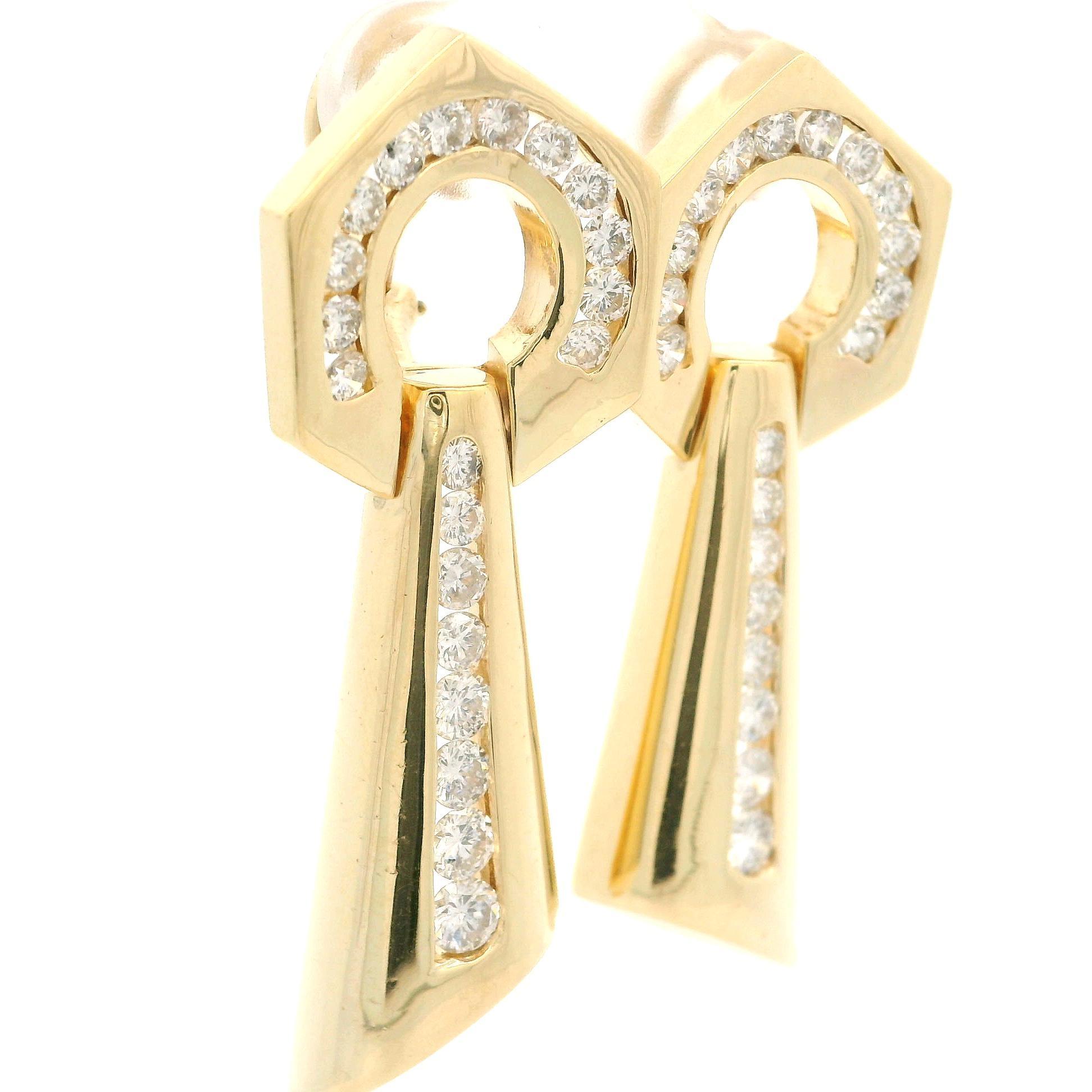 De las mujeres Pendientes de gota geométricos abstractos de canal de diamantes de 2,50 ctw en oro amarillo de 14k vintage en venta