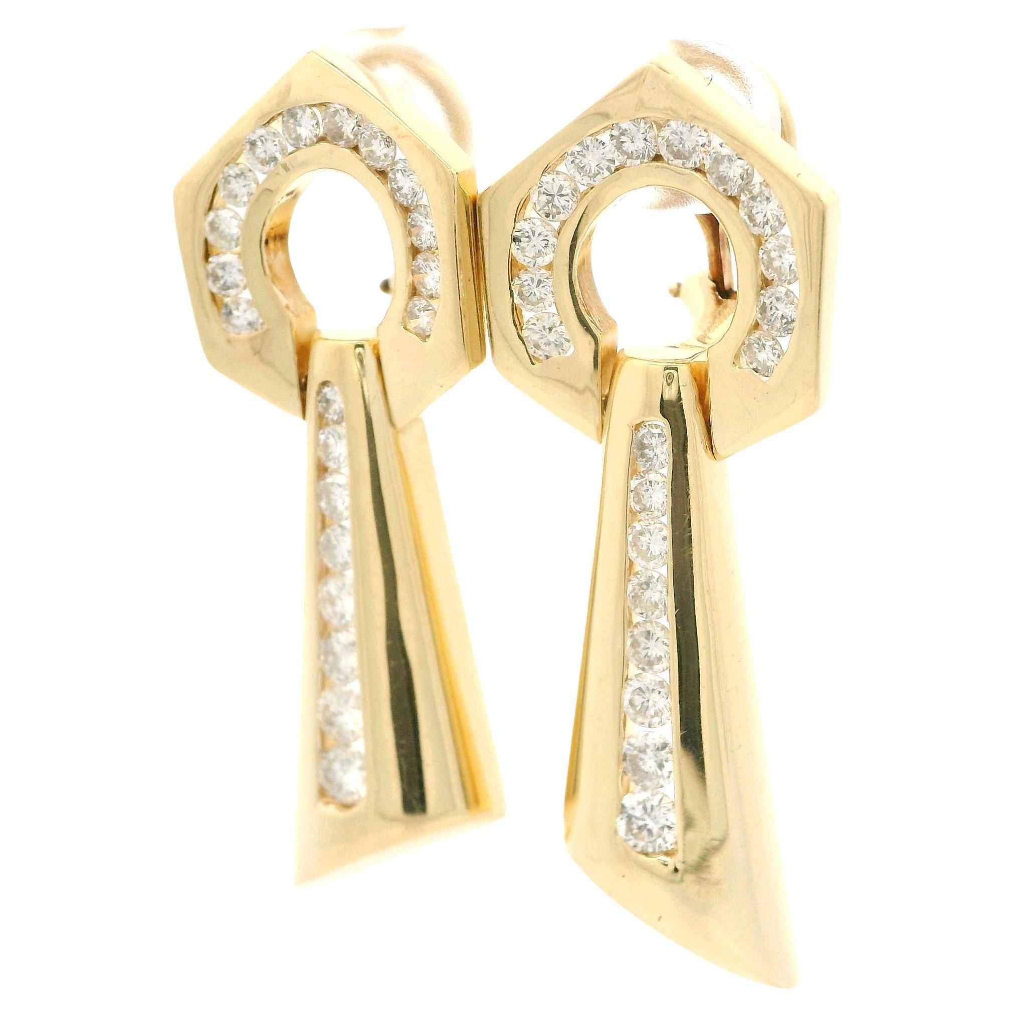 Boucles d'oreilles pendantes vintage en or jaune 14 carats avec diamants abstraits de 2,50 carats