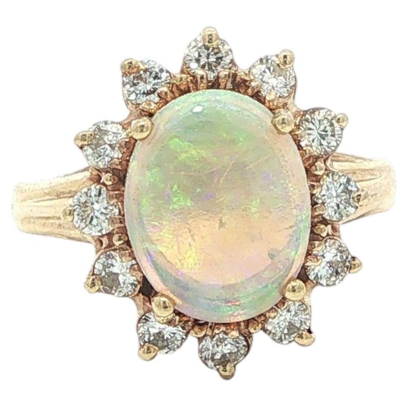 Vintage 14k Yellow Gold 2.57ctw Oval Opal w/ Diamond Halo Cluster Flower Ring