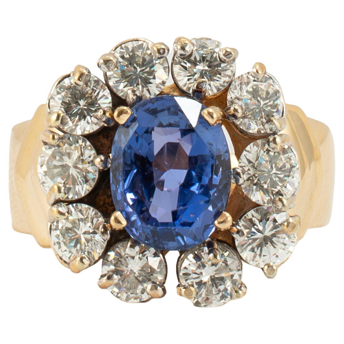 Vintage 14K Yellow Gold 2.88ct Gia Ceylon Sapphire Halo Diamond Cocktail Ring