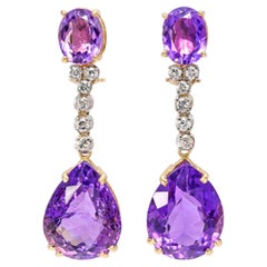 Vintage 14k Yellow Gold 29.58tcw Amethyst & Diamond Drop Earrings