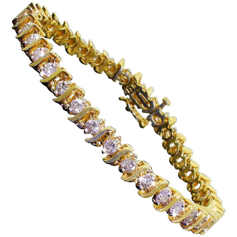 Vintage 14k Yellow Gold 2+Carat Diamond Tennis S Wave Line Bracelet