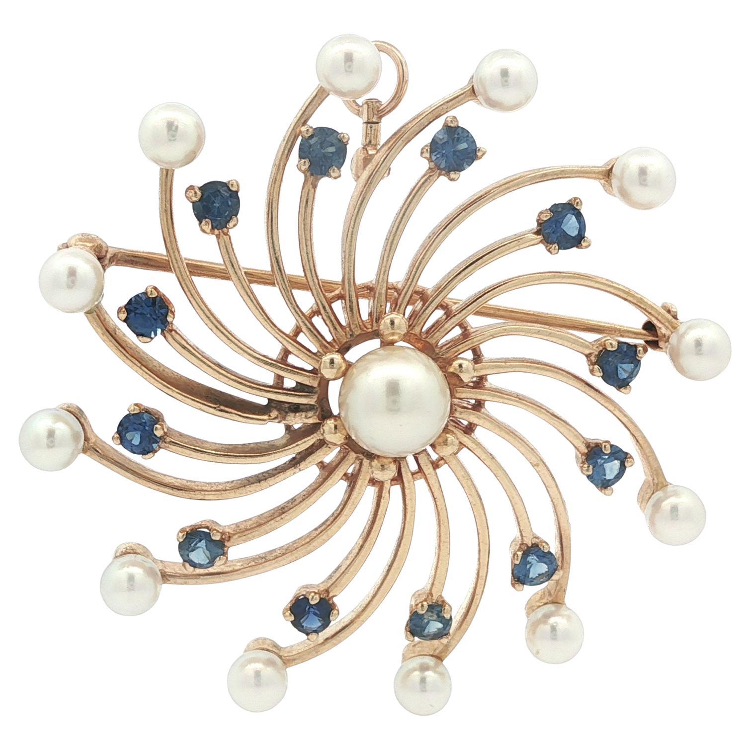 Vintage 14k Yellow Gold 2ctw GIA Natural Sapphire 
Pearl Spiral Brooch Pendant