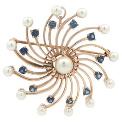 Vintage 14k Yellow Gold 2ctw GIA Natural Sapphire 
Pearl Spiral Brooch Pendant