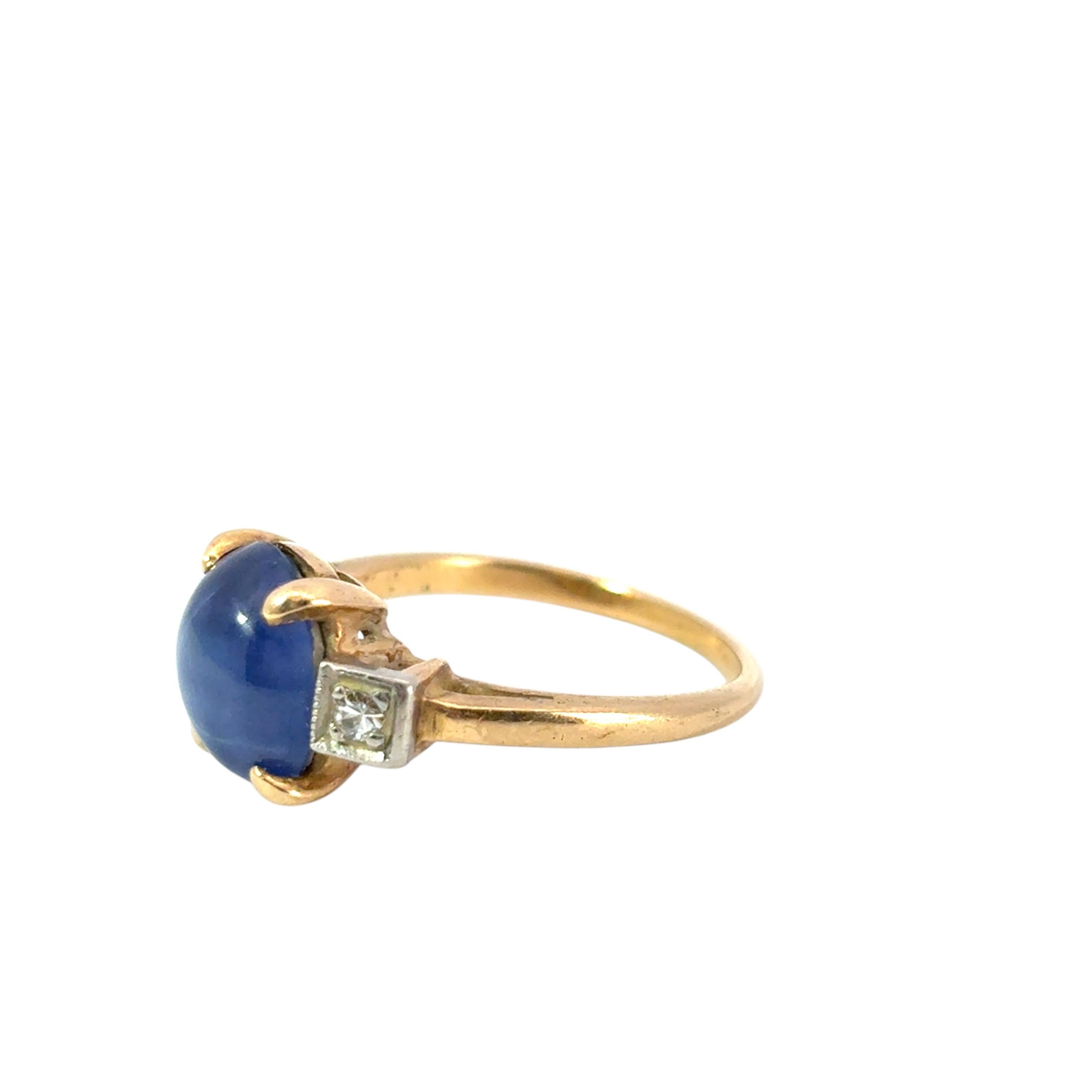 Vintage 14k Yellow Gold 3 Stone Ring with Blue Sapphire and Diamond Side Stones 4