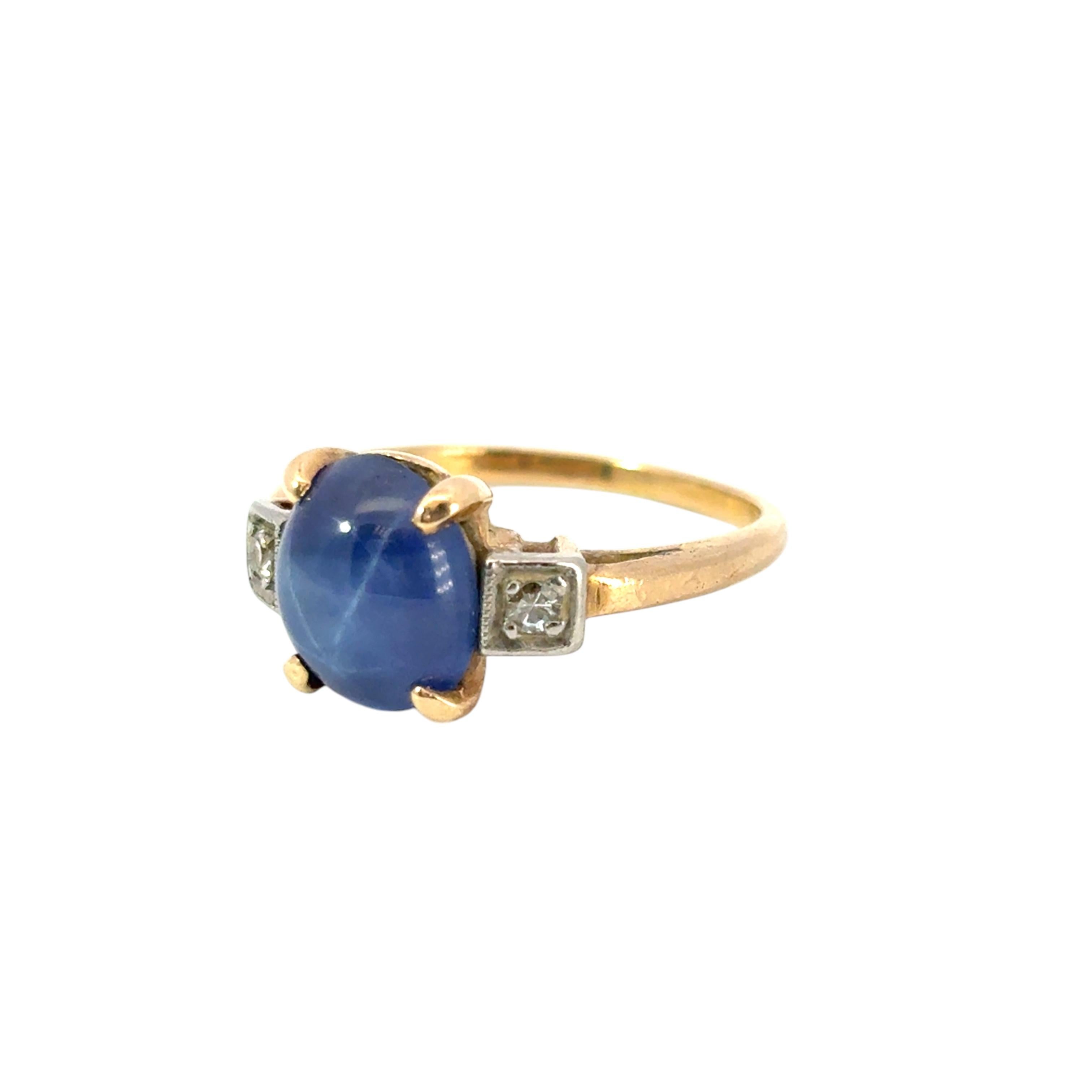 Vintage 14k Yellow Gold 3 Stone Ring with Blue Sapphire and Diamond Side Stones 5