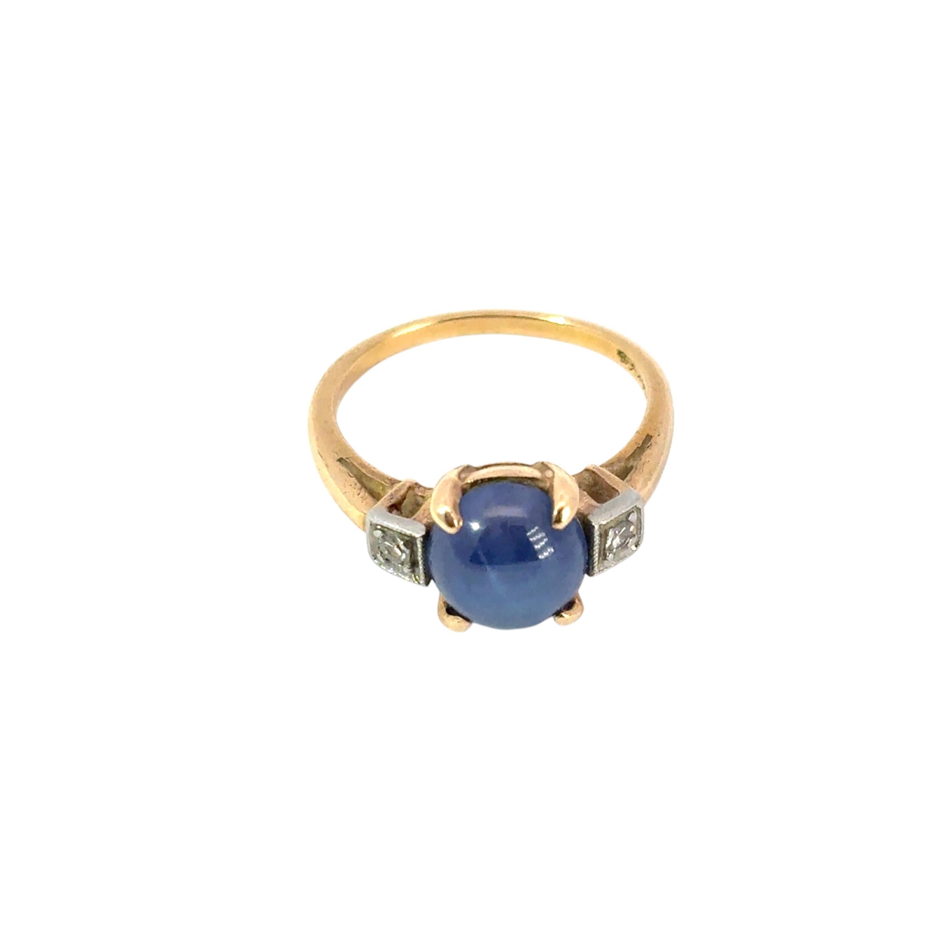 Vintage 14k Yellow Gold 3 Stone Ring with Blue Sapphire and Diamond Side Stones 6