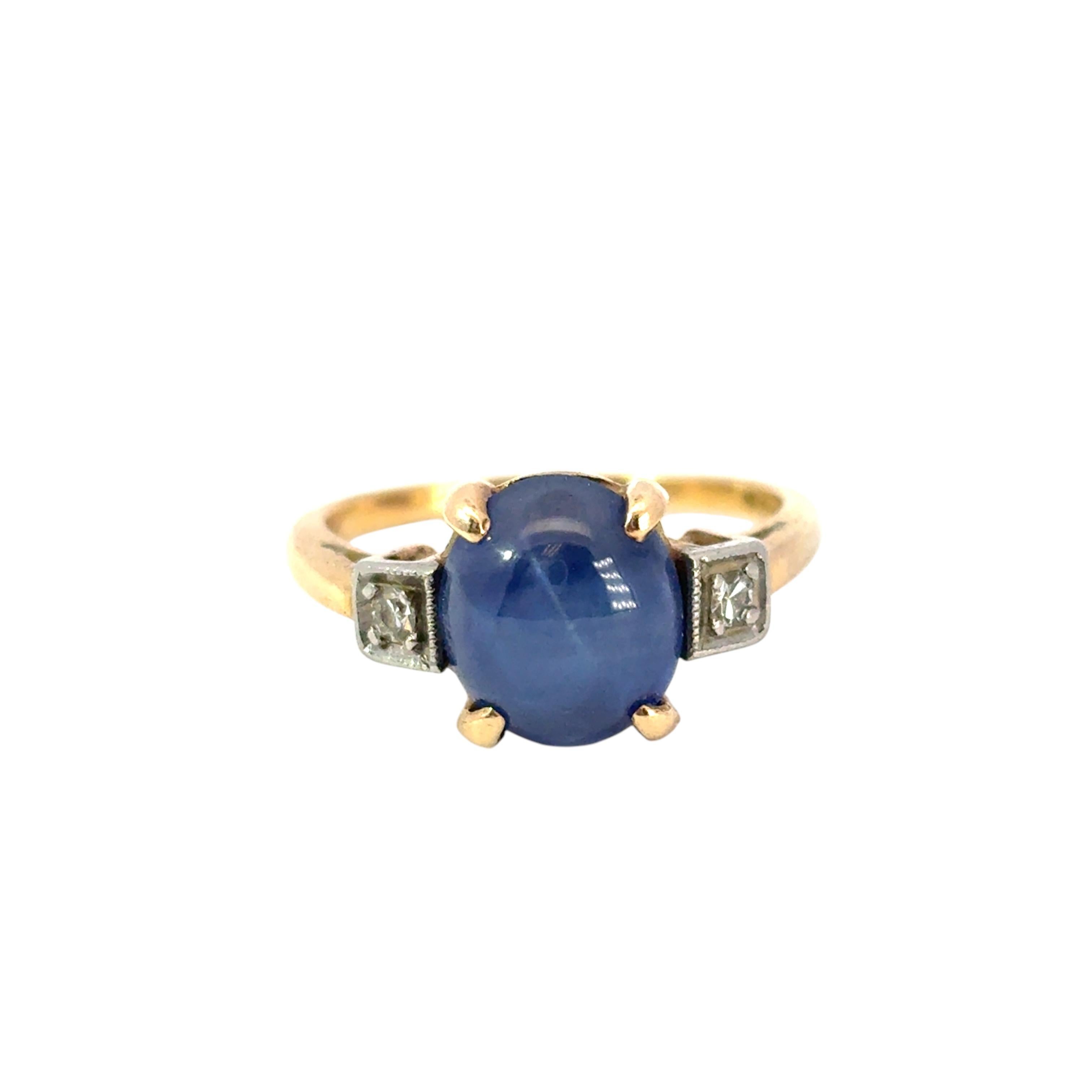 Vintage 14k Yellow Gold 3 Stone Ring with Blue Sapphire and Diamond Side Stones 7