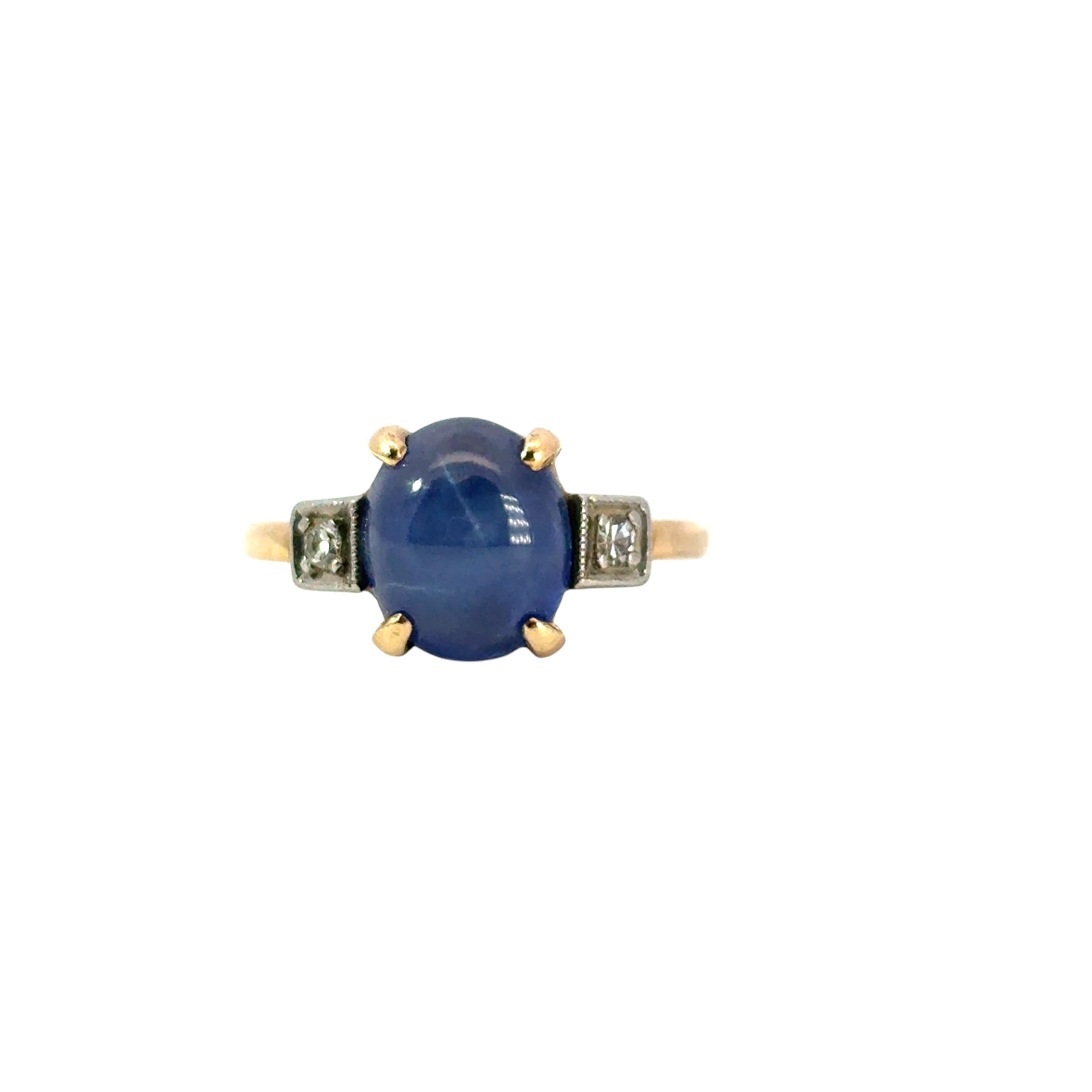 Vintage 14k Yellow Gold 3 Stone Ring with Blue Sapphire and Diamond Side Stones 8