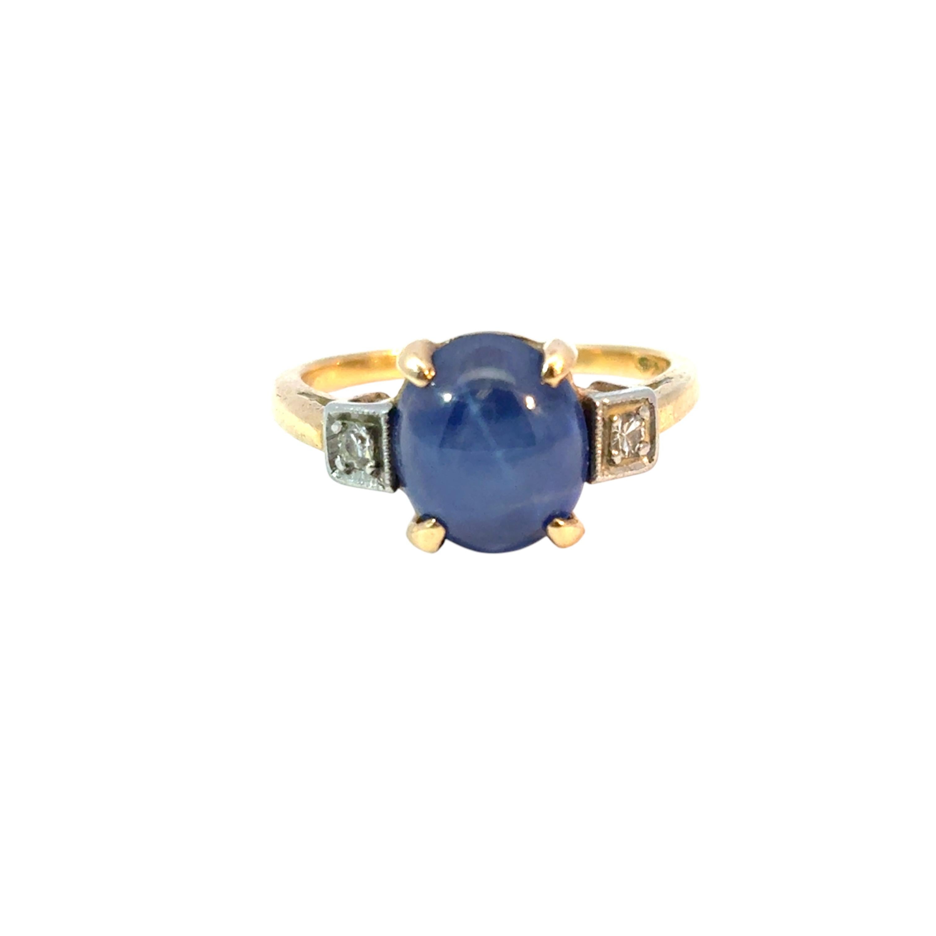 Vintage 14k Yellow Gold 3 Stone Ring with Blue Sapphire and Diamond Side Stones 9