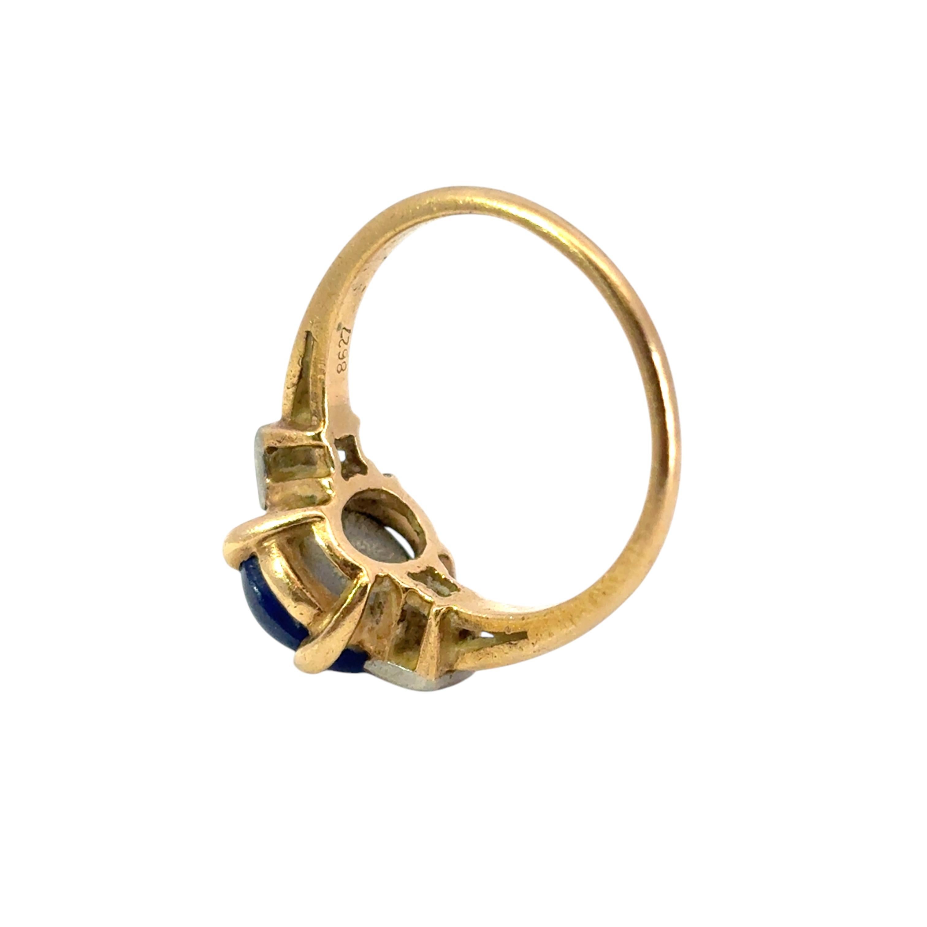 Vintage 14k Yellow Gold 3 Stone Ring with Blue Sapphire and Diamond Side Stones 10
