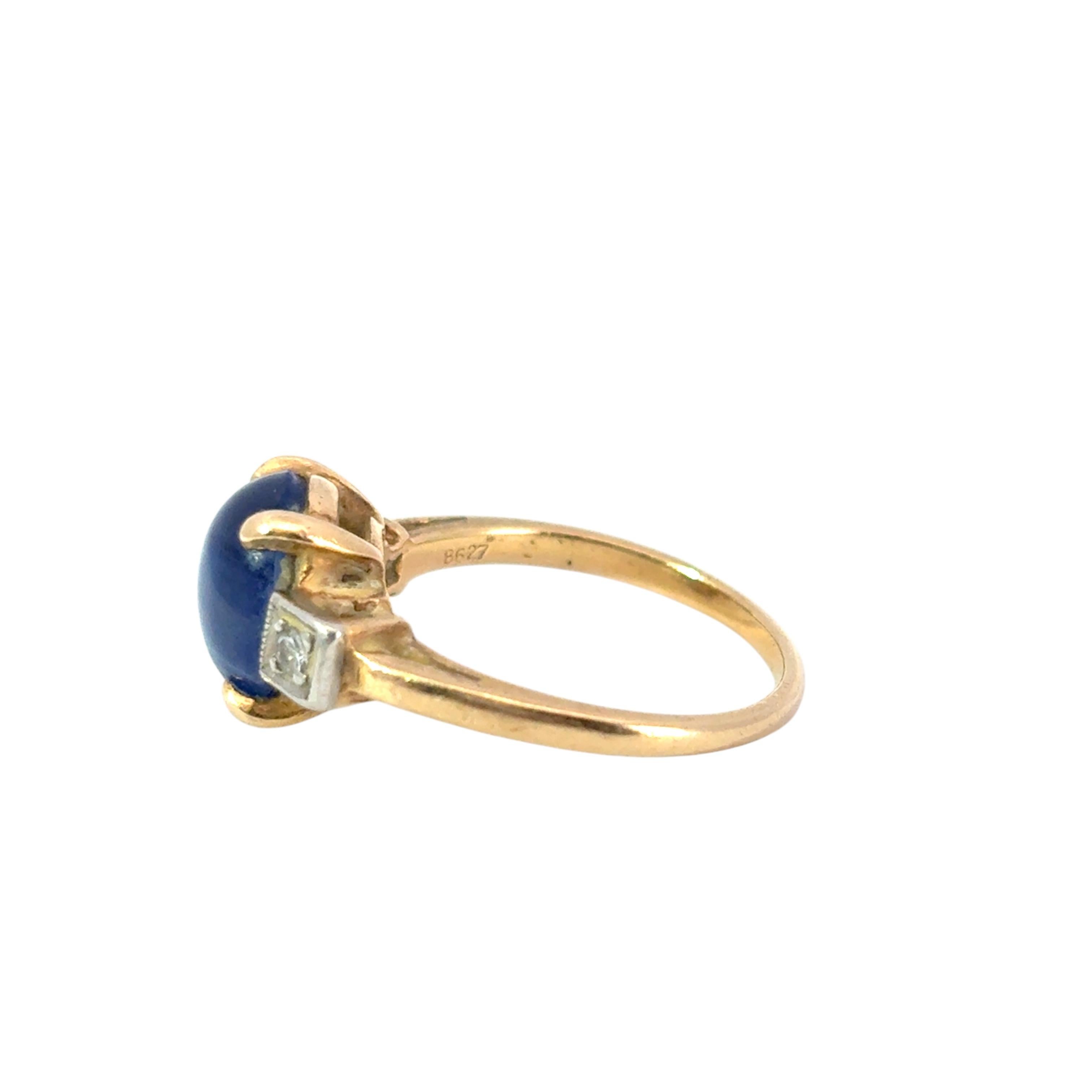 Modern Vintage 14k Yellow Gold 3 Stone Ring with Blue Sapphire and Diamond Side Stones
