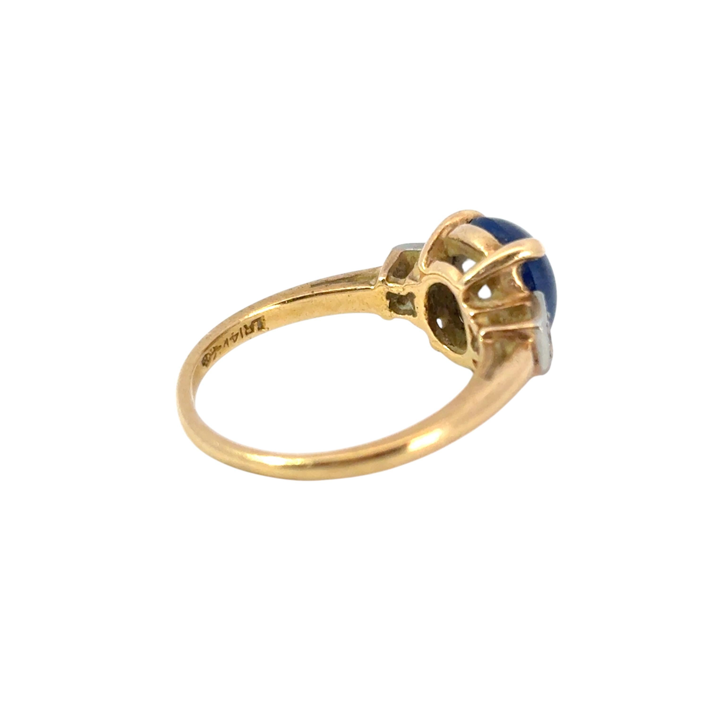 Women's Vintage 14k Yellow Gold 3 Stone Ring with Blue Sapphire and Diamond Side Stones