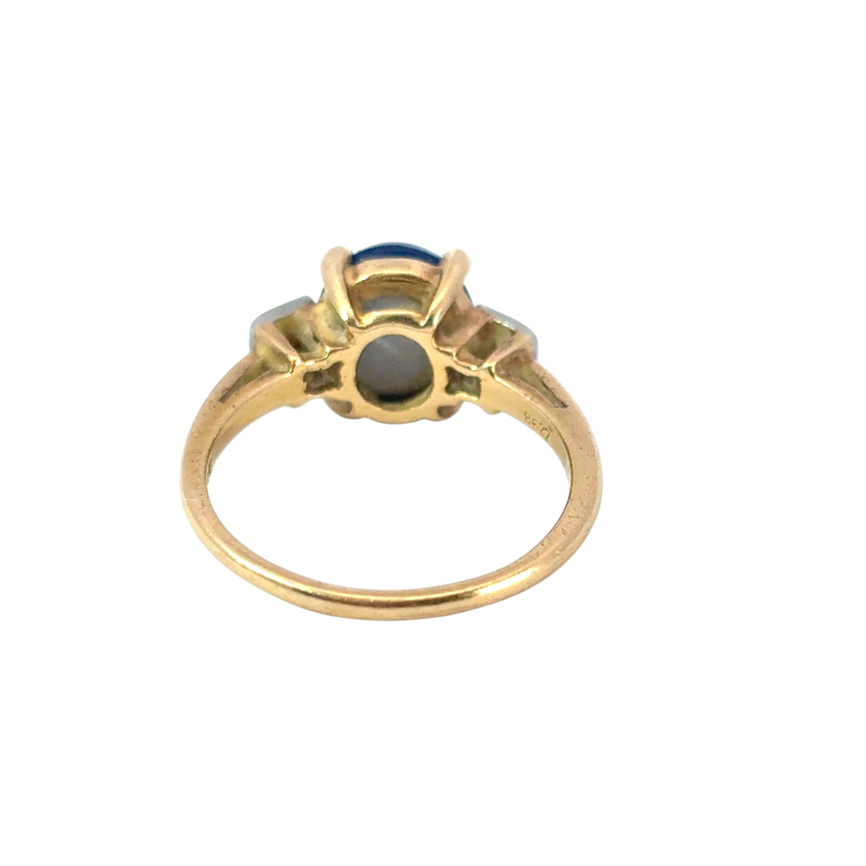Vintage 14k Yellow Gold 3 Stone Ring with Blue Sapphire and Diamond Side Stones 2