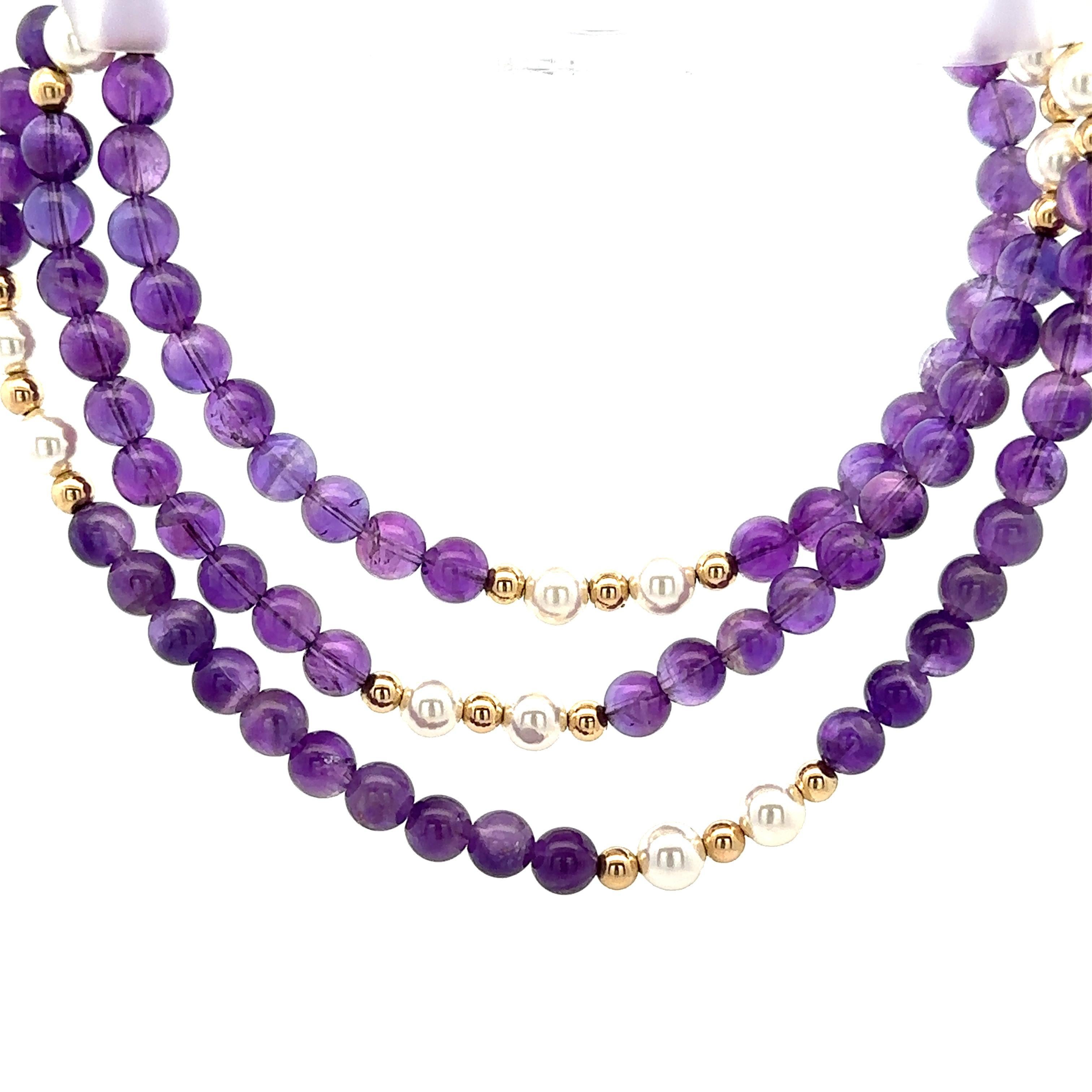 Collana lunga di perle coltivate con ametista in oro giallo 14k vintage da 30