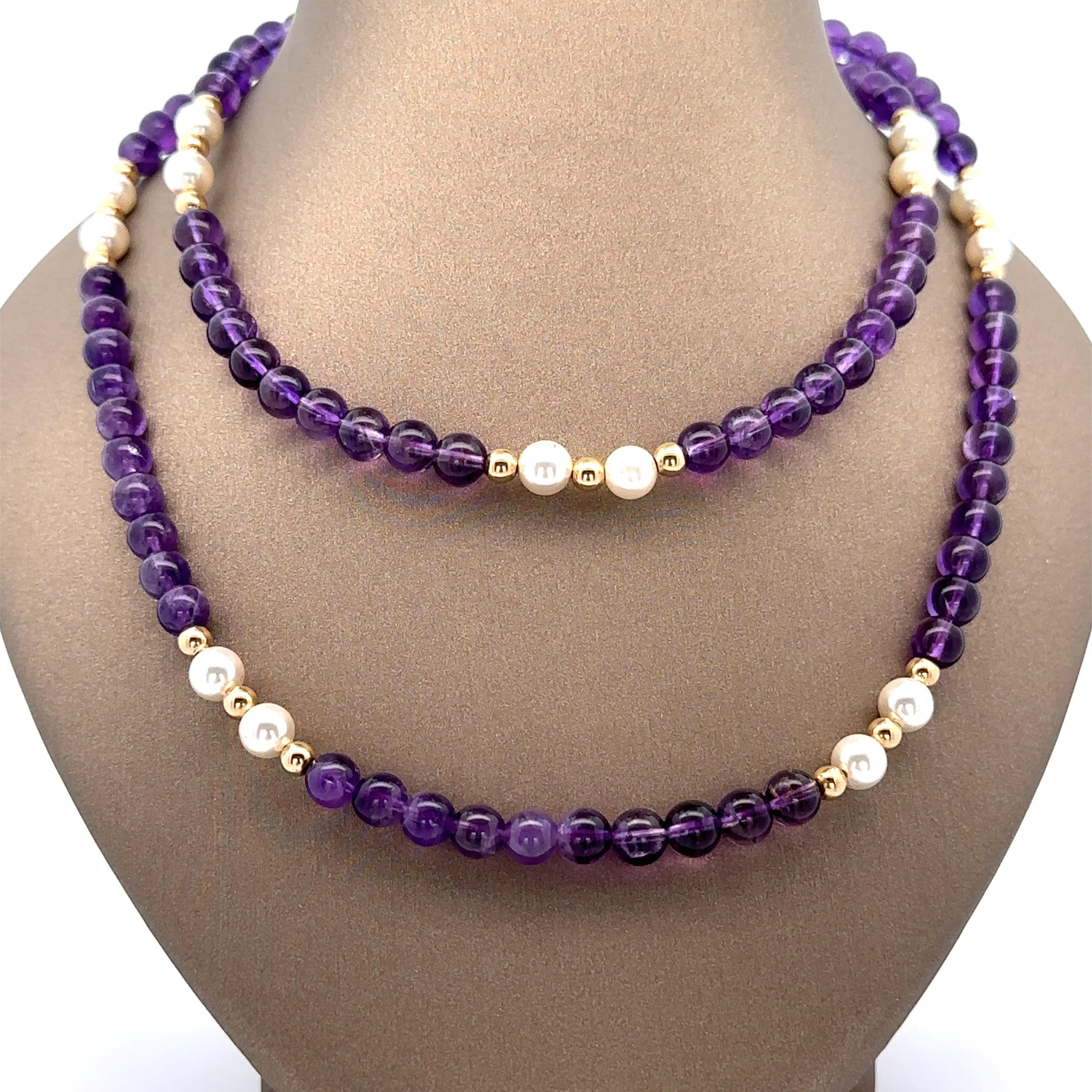 Donna Collana lunga di perle coltivate con ametista in oro giallo 14k vintage da 30
