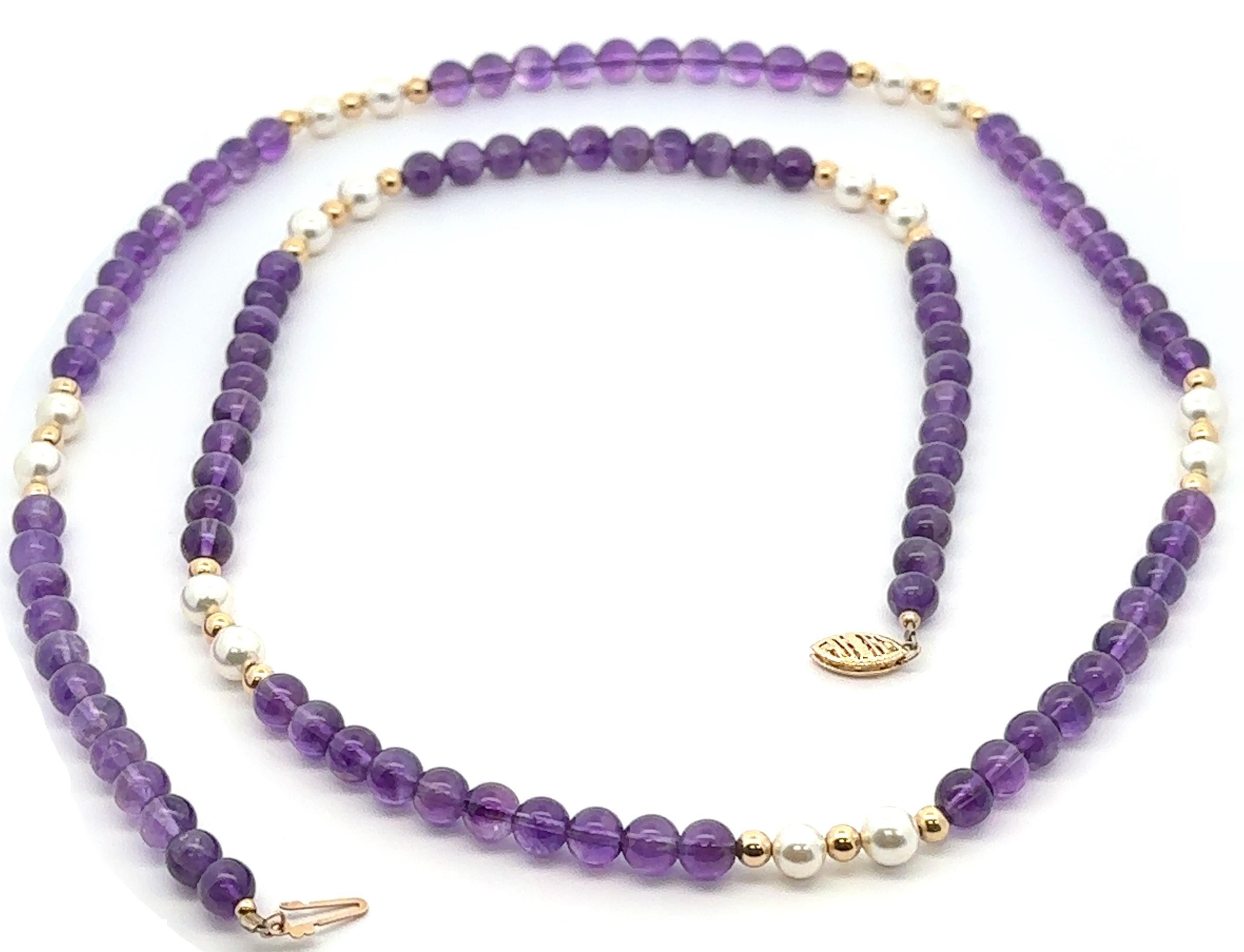 Collana lunga di perle coltivate con ametista in oro giallo 14k vintage da 30
