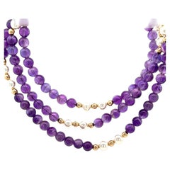 Vintage 14k Gelbgold 30" lang Amethyst kultivierte Perle Perlenkette