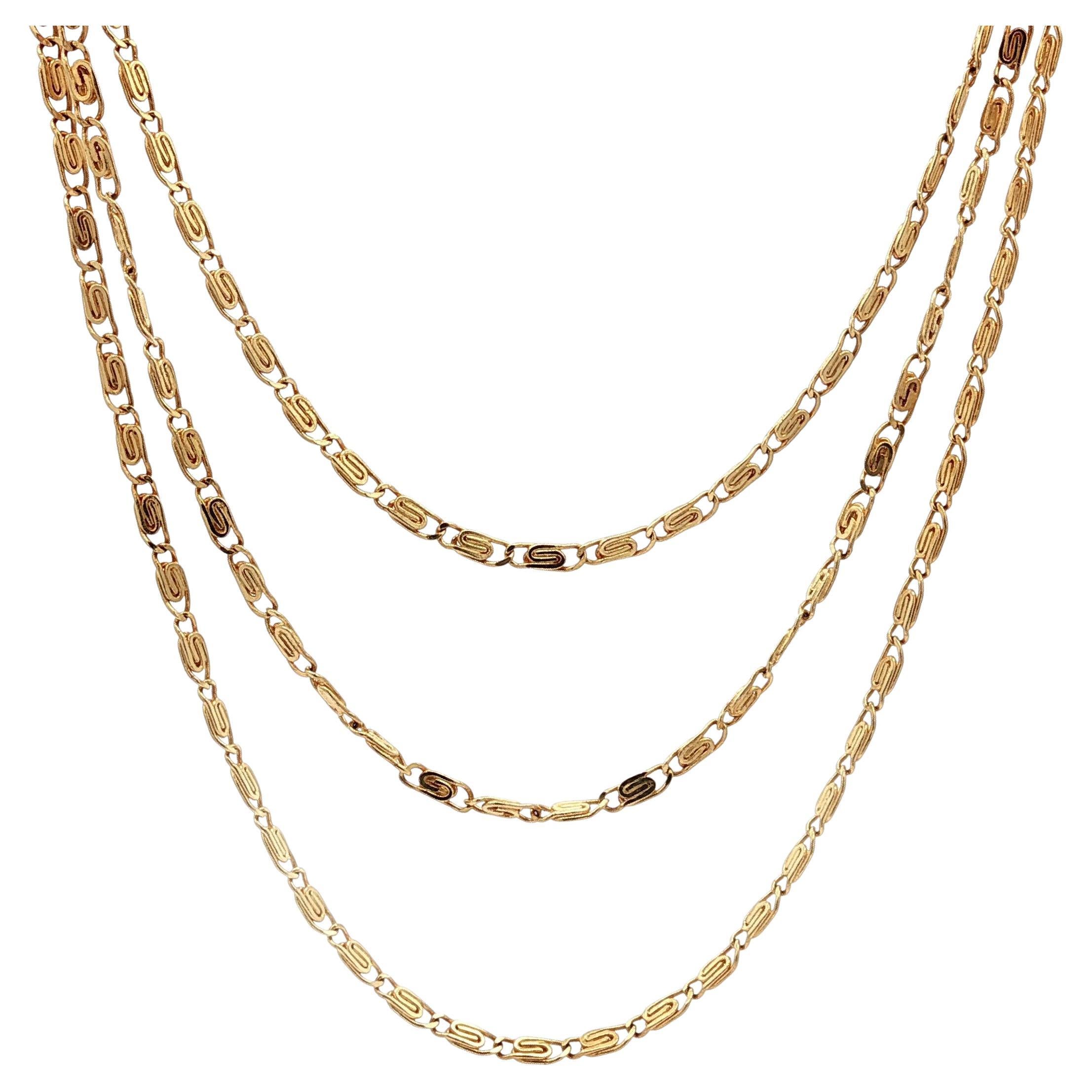Vintage 14k Yellow Gold 30" Long Fancy Tiger's Eye Link Chain Necklace For Sale