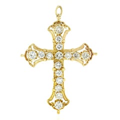Vintage 14 Karat Gold 3.00 Carat Prong Round Large Diamond Cross Pin or Pendant