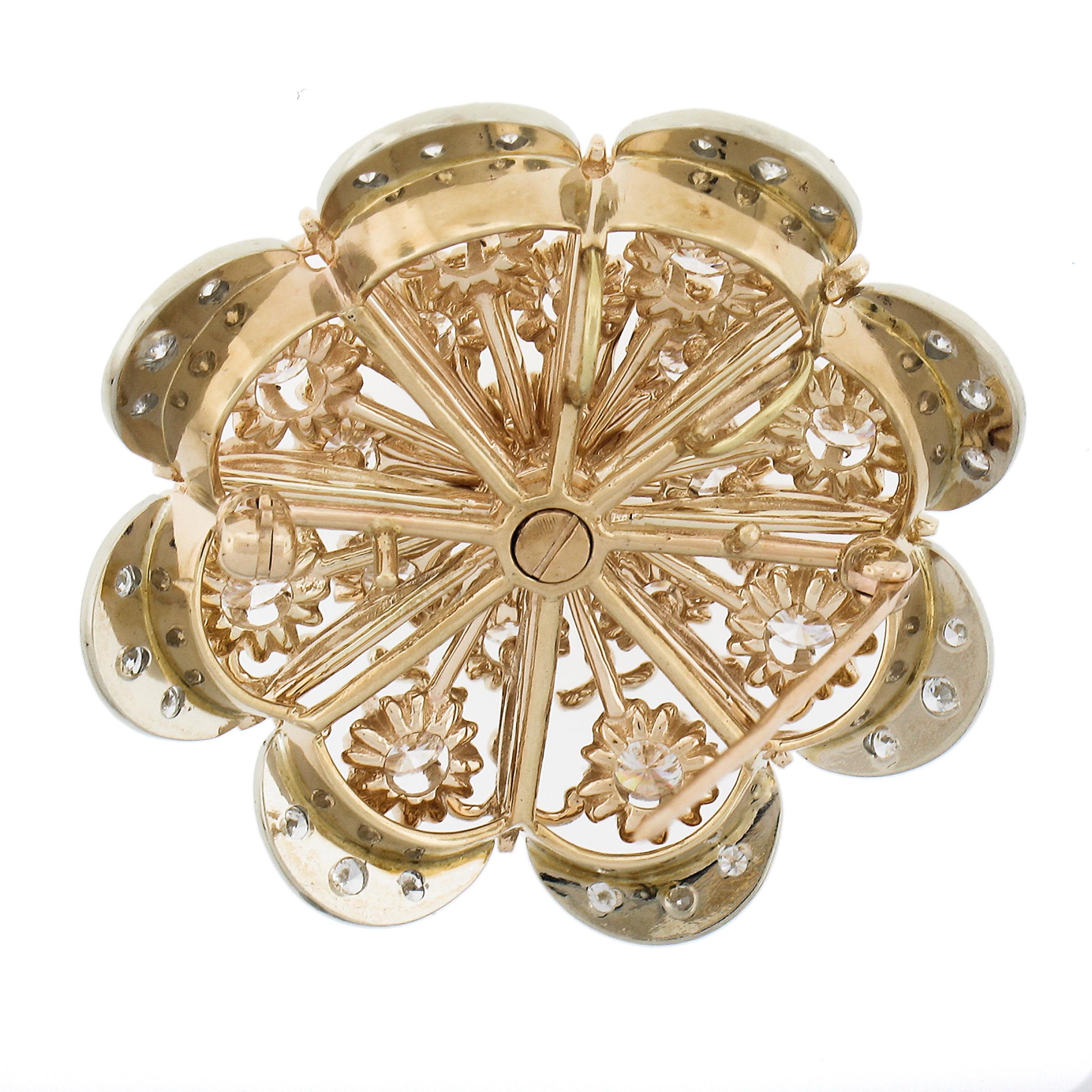 Vintage 14k Yellow Gold 3.45ct Round Buttercup Diamond Flower Pin Brooch Pendant In Excellent Condition For Sale In Montclair, NJ
