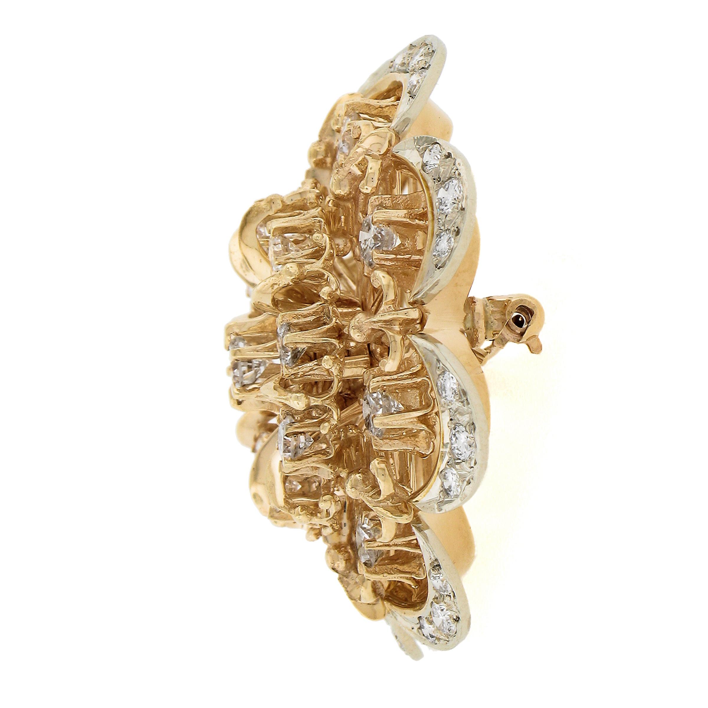 Vintage 14k Gelbgold 3,45 Karat runder Butterkrug Diamant Blume Pin Brosche Anhänger Damen im Angebot
