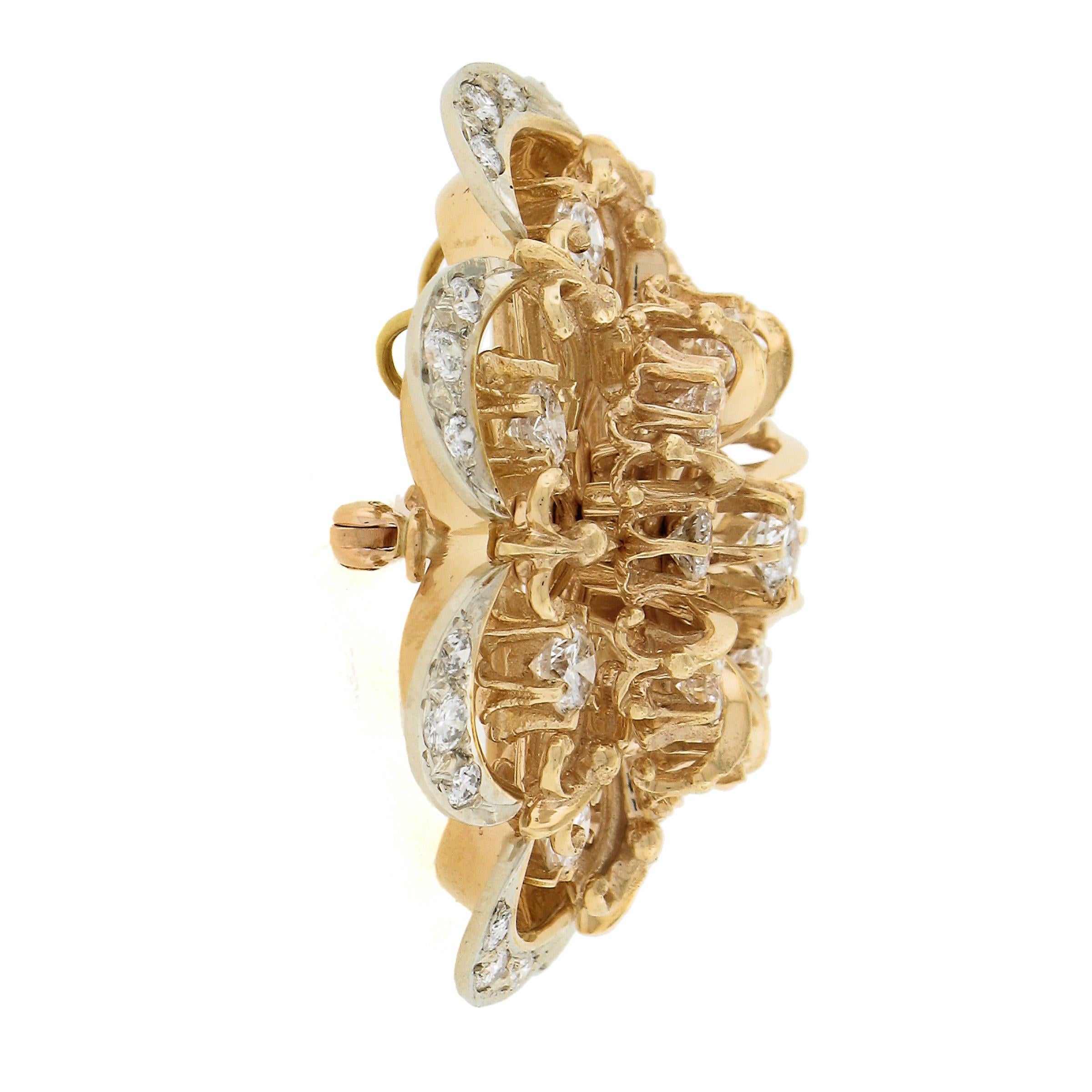 Pendentif broche fleur en or jaune 14 carats avec diamants ronds de 3,45 carats en vente 1