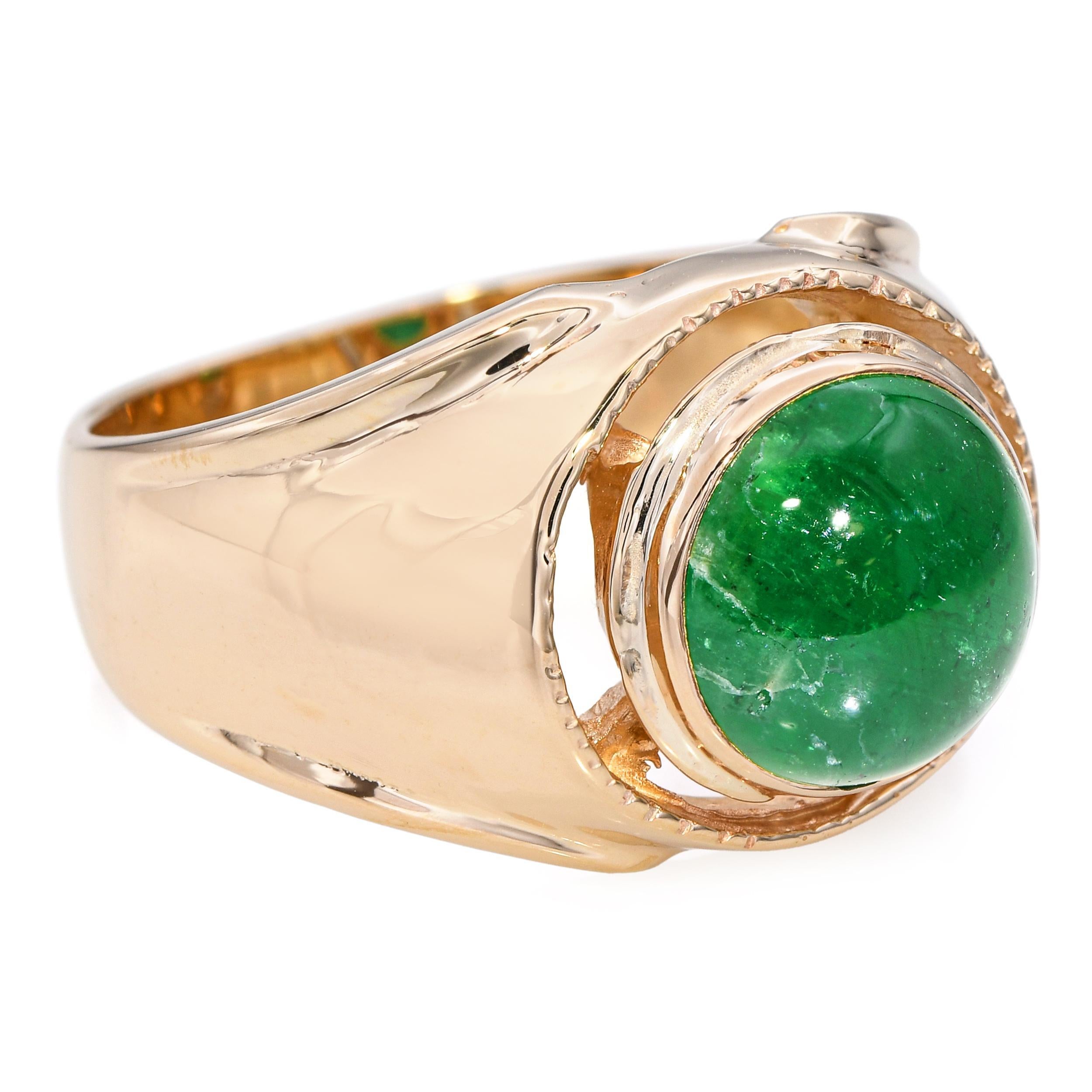 Vintage 14k Yellow Gold 3.54ct Emerald Cabochon Ring For Sale 2